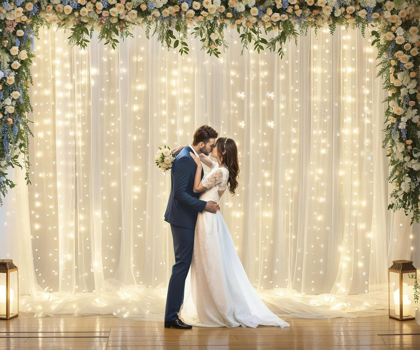 Ivory Tulle Backdrop Curtains with Lights String for Parites Wedding 20×10ft Ivory Sheer Backdrop Curtains for Baby Shower Birthday Party Photo Shoot Background Decorations(4 Panels 5ft×10ft)