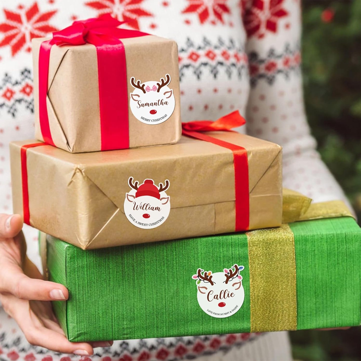 CALLIE Personalized Christmas Stickers with Custom Name, Waterproof Custom Christmas Name Tags Stickers, Peel and Stick Christmas Gift Tags ﻿(Cute Christmas Reindeer)