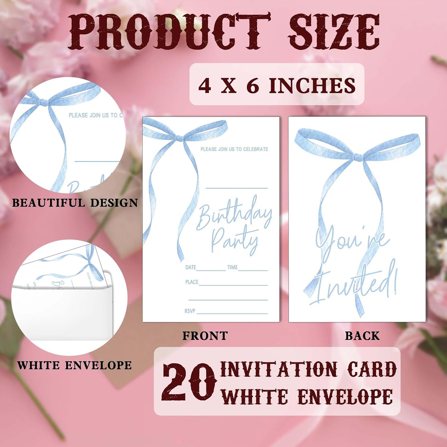 SIXEIGHT Blue Bow Birthday Invitations Blue Ribbon Bow Birthday Party Invitations 20 Party Invitations with Envelopes for Girls Boys Birthday Party Favor & Decoration (4"x6")-A07