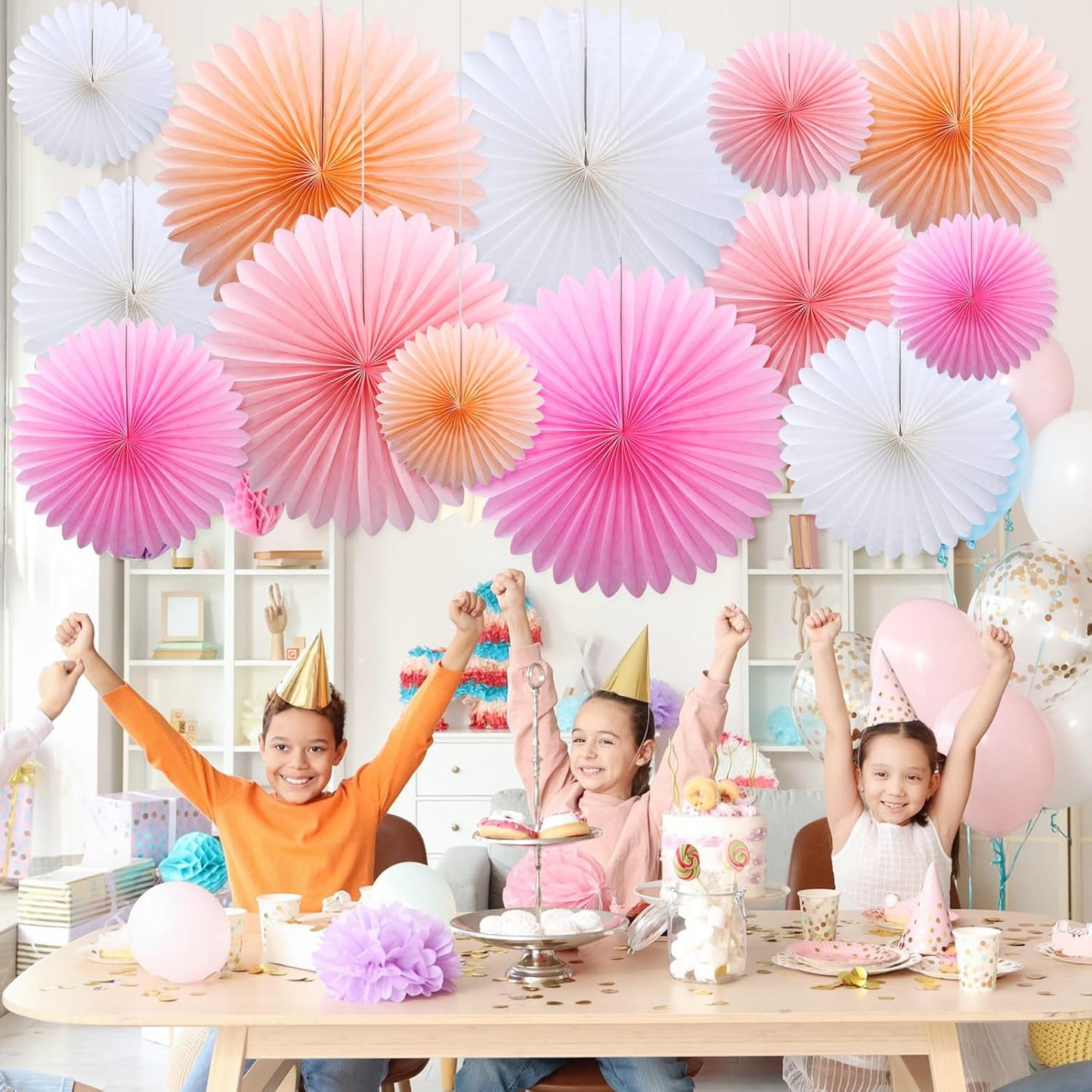 MotiMind 24 Pcs Hot Pink Paper Fans Pink Peach Party Decorations Classroom Decor Wall Background Ceiling Hanging Decoration for Birthday Wedding Baby Bridal Shower Engagement Party Decor