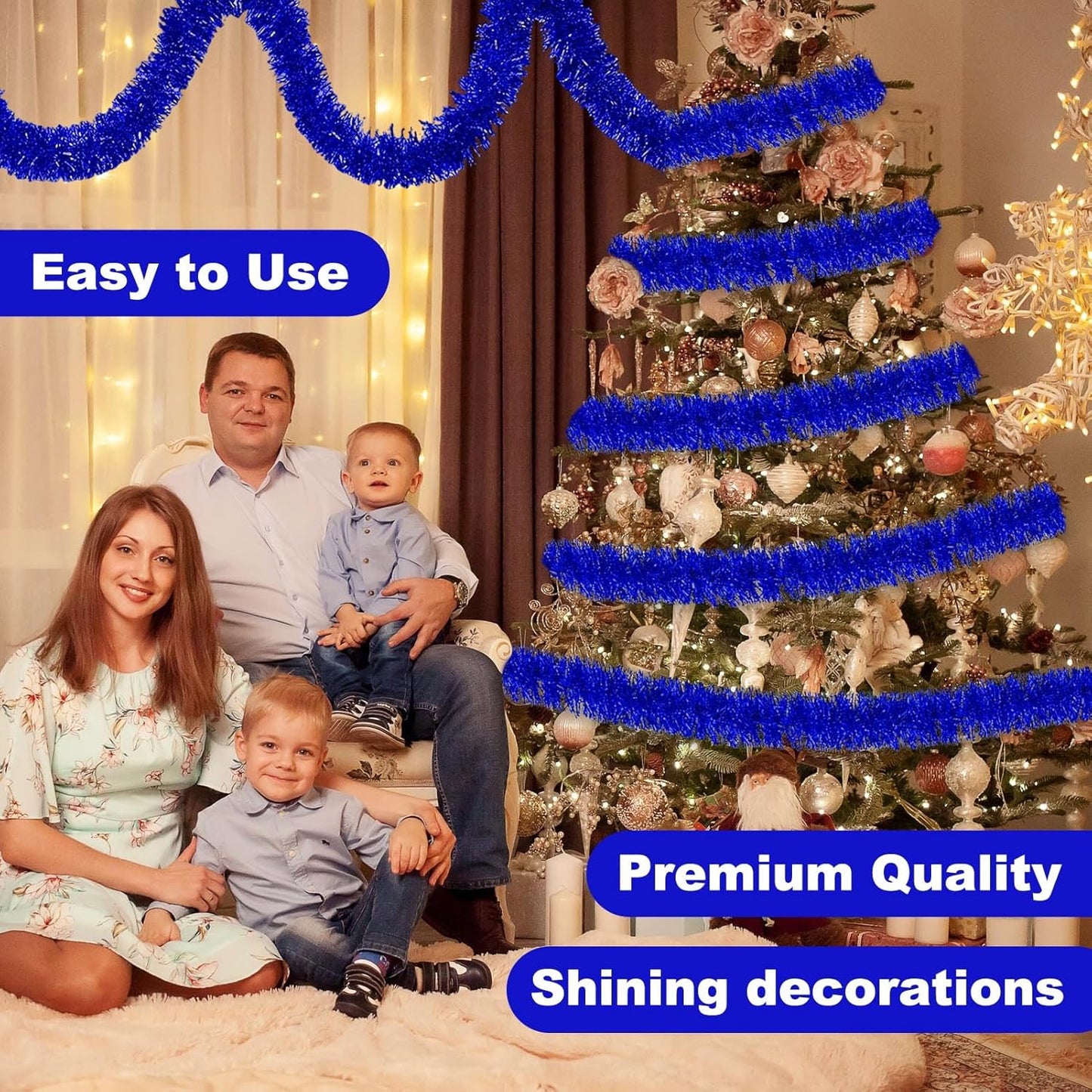 50 Feet Blue Christmas Tinsel Garland, Metallic Foil Twist Banner Wall Hanging Tinsel Streamers Backdrop for Parade Floats, Christmas, Mother's Day, Birthday Party Decorations(2in x 50ft)