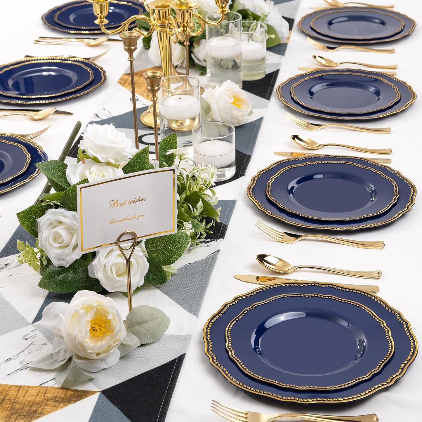Hioasis 60pcs Blue Plastic Plates - Blue and Gold Disposable Dinnerware with Gold Rim, Heavy-duty, 10.25 inch, Dinner Plates for Party & Wedding