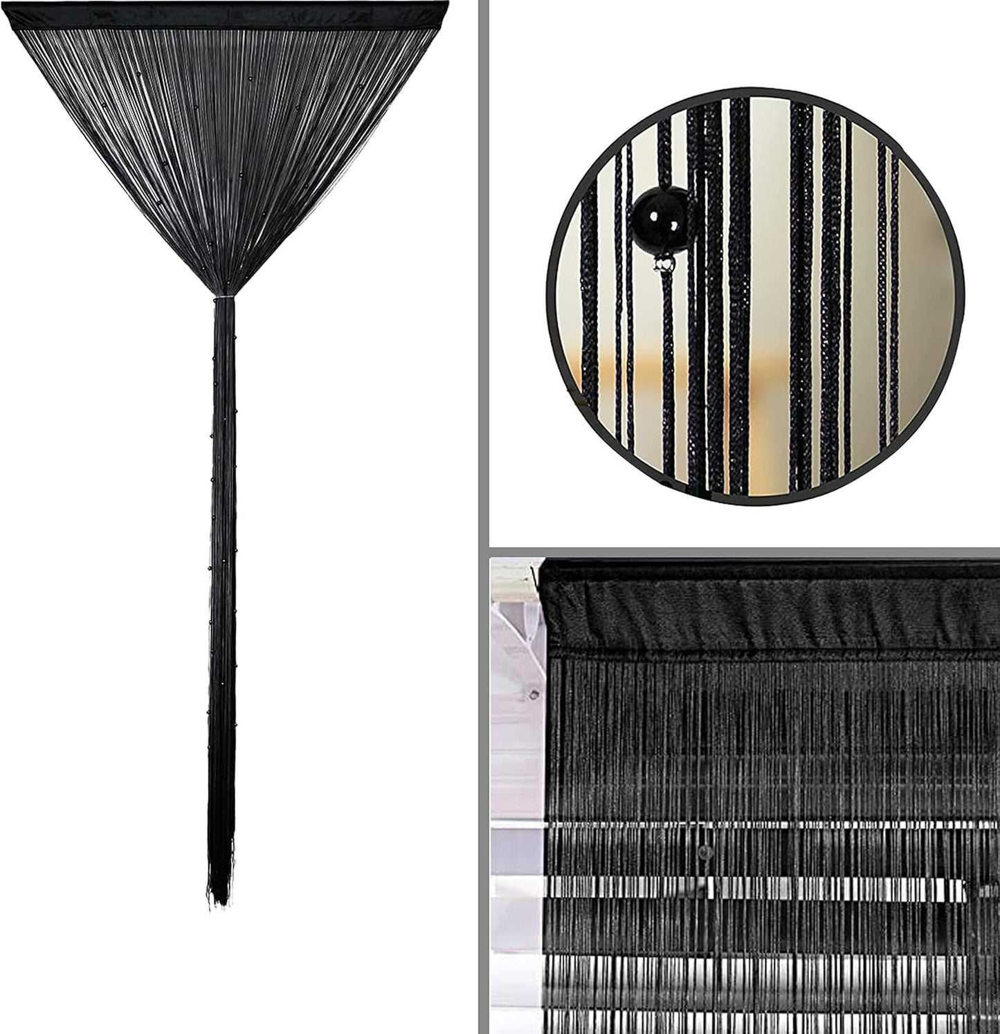 Beaded Curtain Beads Door String Curtains Ideal for Living Room Decor Wall Hanging Fringe Doorway Divider Bedroom Backdrop Hippie Window Closet Privacy Rod Pocket Dense (100x200cm,Black)