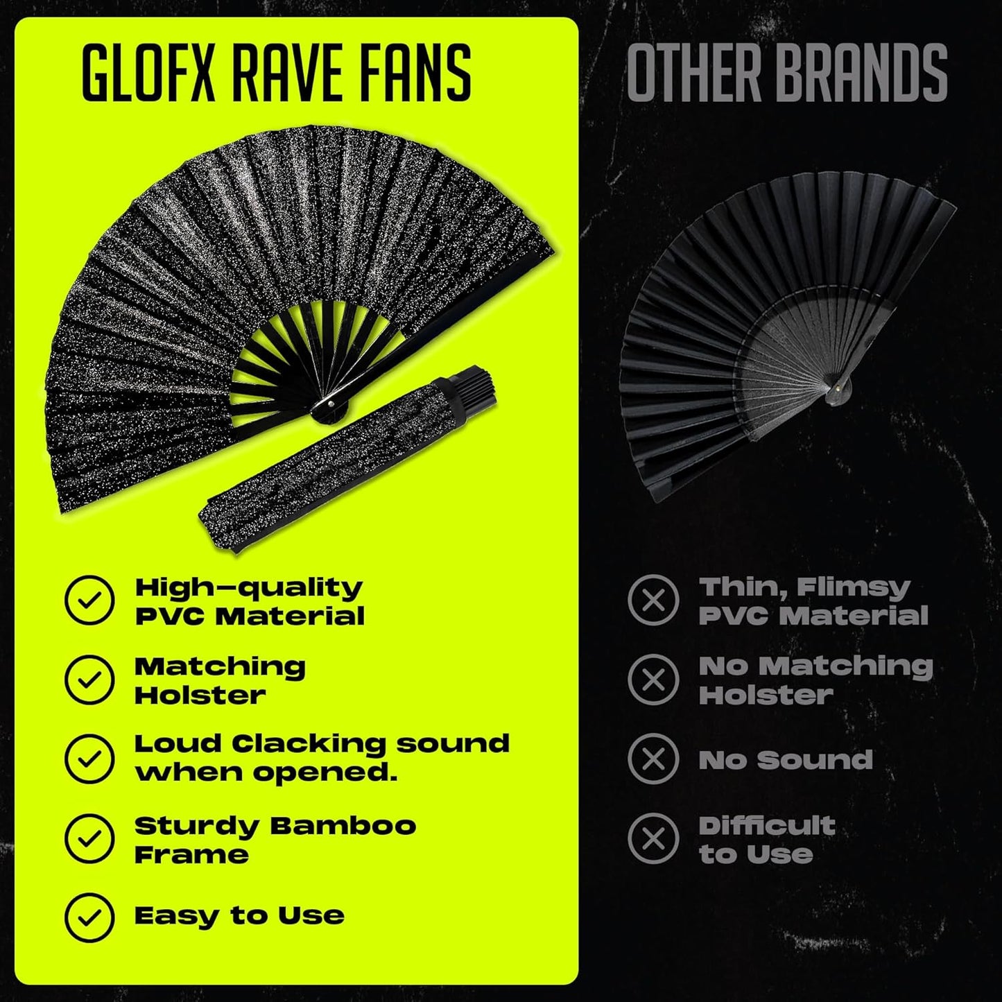 Black Glitter Folding Fan with Holster – Large Handheld Folding Fan with Loud Snap for Festival, Line Dancing, Drag, and Performance – Includes Matching Glitter Belt Holster