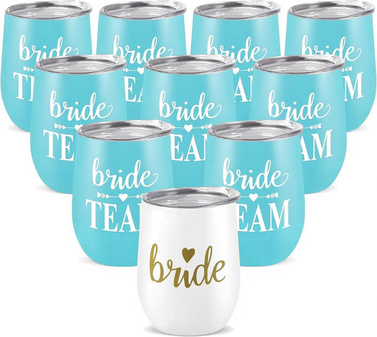 Bride Squad Bachelorette Party Cups 10 Pcs Team Bride Cups Bridesmaid Gifts Tumblers 12 Oz Insulated Cups with Lid and Straw(Turquoise)