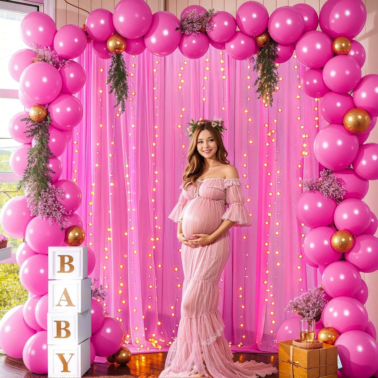 10×10ft Hot Pink Tulle Backdrop Curtain with Lights String for Parties, Sheer Photo Backdrop Curtains for Wedding Party Photography Background