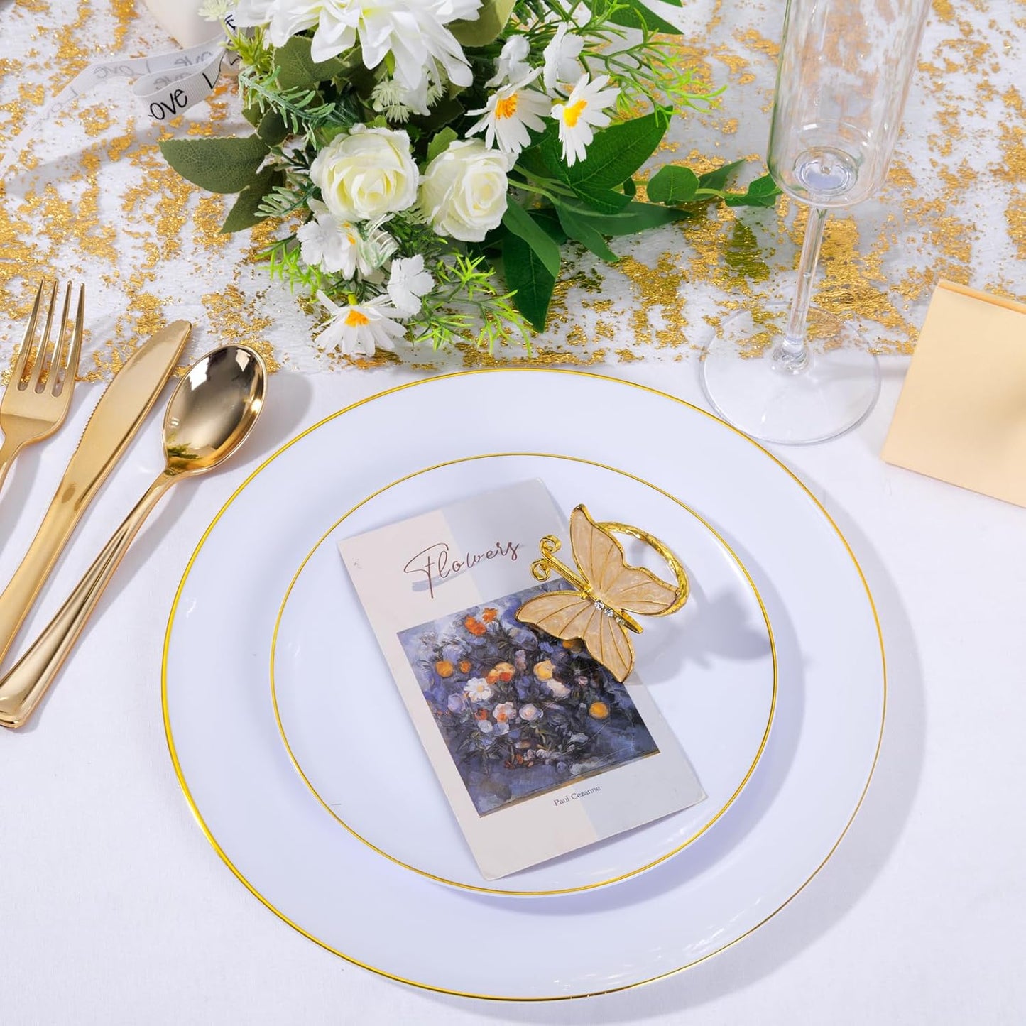 KIRE 200PCS Gold Plastic Plates - Disposable Plates for Party - White Plastic Plates with Gold Rim Include 100 for Dinner and 100 for Dessert/Salad in Wedding/Thanksgiving