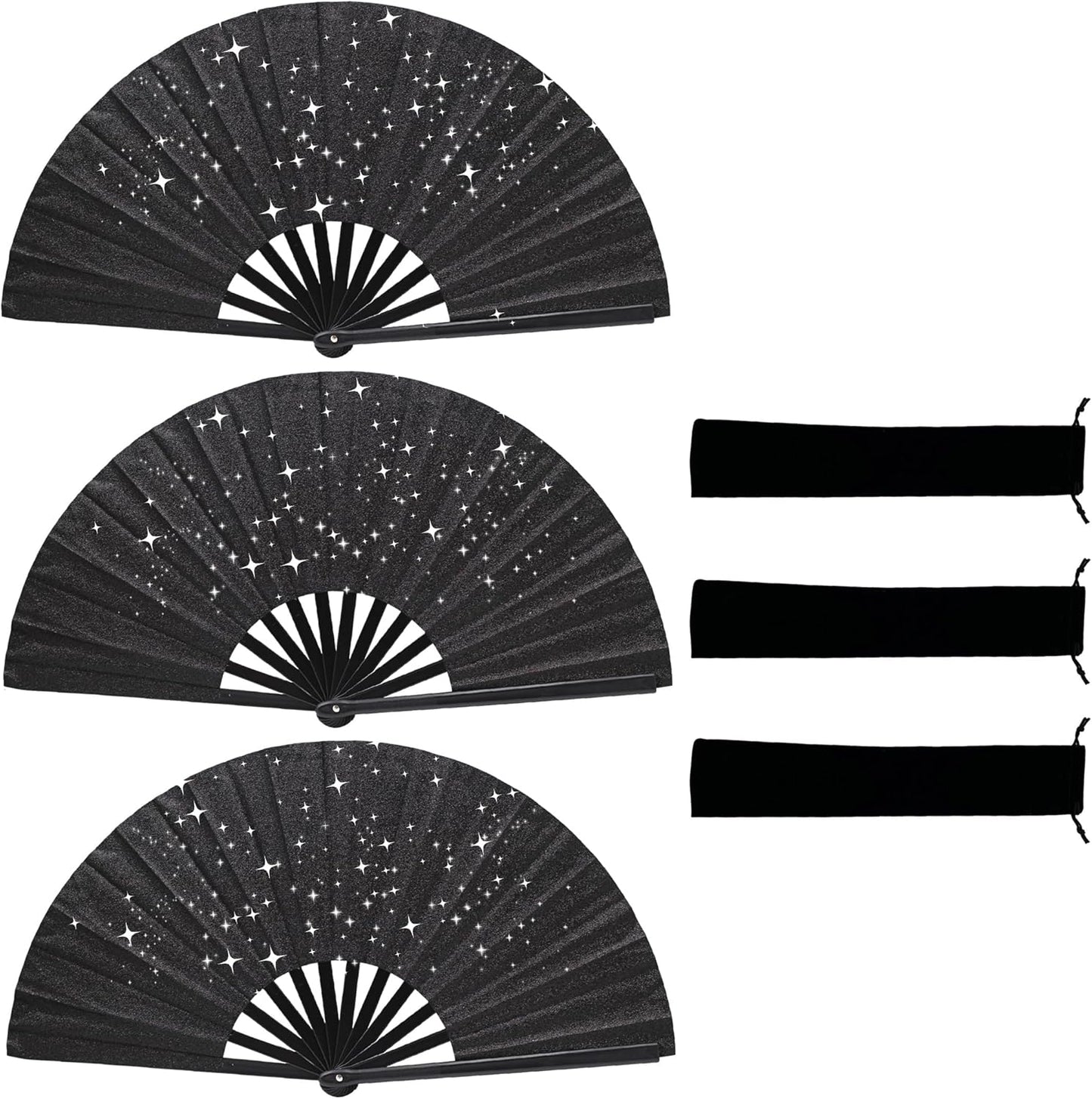Glitter bling Large Folding Fan-Hand Fan Rave Clack Popping Fan for Line Dancing Clacking Fans for Boots On The Ground Dance, Party for EDM, Music Festival, Hot Flashes, Party, Decoration(3pcs black)