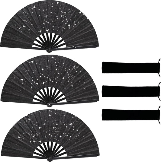 Glitter bling Large Folding Fan-Hand Fan Rave Clack Popping Fan for Line Dancing Clacking Fans for Boots On The Ground Dance, Party for EDM, Music Festival, Hot Flashes, Party, Decoration(3pcs black)