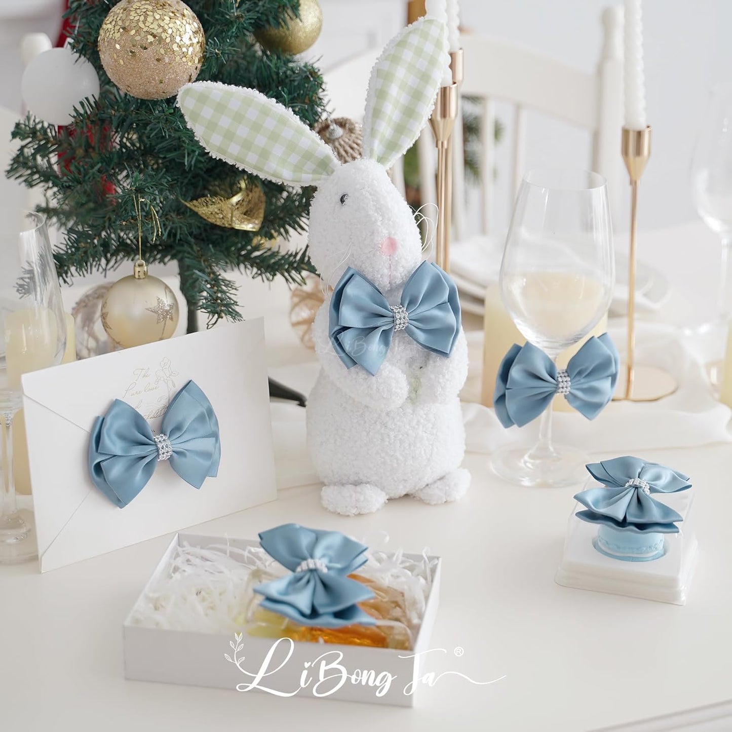 Satin Bows 4'' Premade Dusty Blue Ribbon Bow, Blue Gift Bows With Rhinestone, Wrapping Bows For Presents, Greeting Cards, Treat Bags, Wine Bottles, Valentines Bows For Gift Wrapping-12 Counts