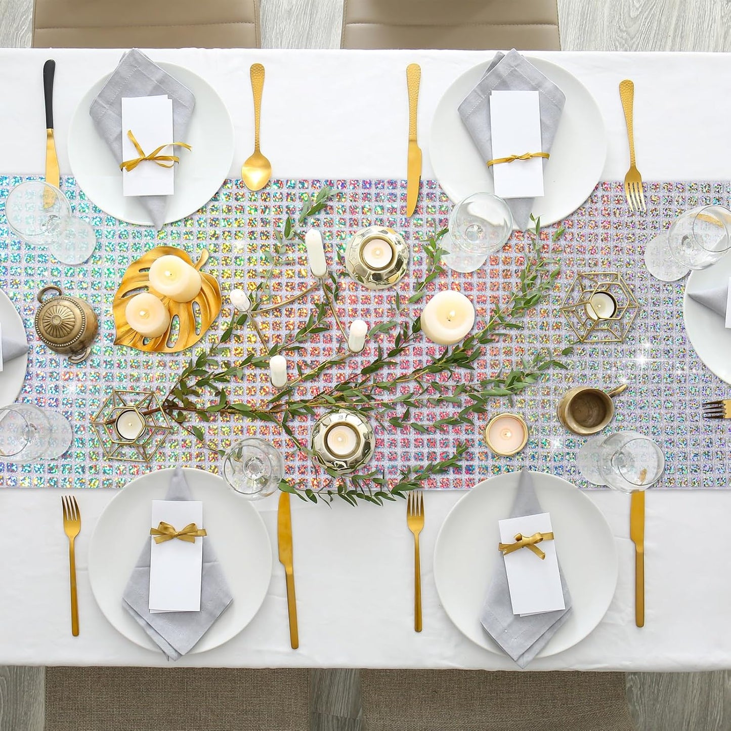 Durony 2 Pack Disco Table Runner 11 x 108 Inch Mirror Silver Laser Glitter Foil Cover With Sparkle Sequin for Bachelorette, 70s, Cowgirl Party Decorations