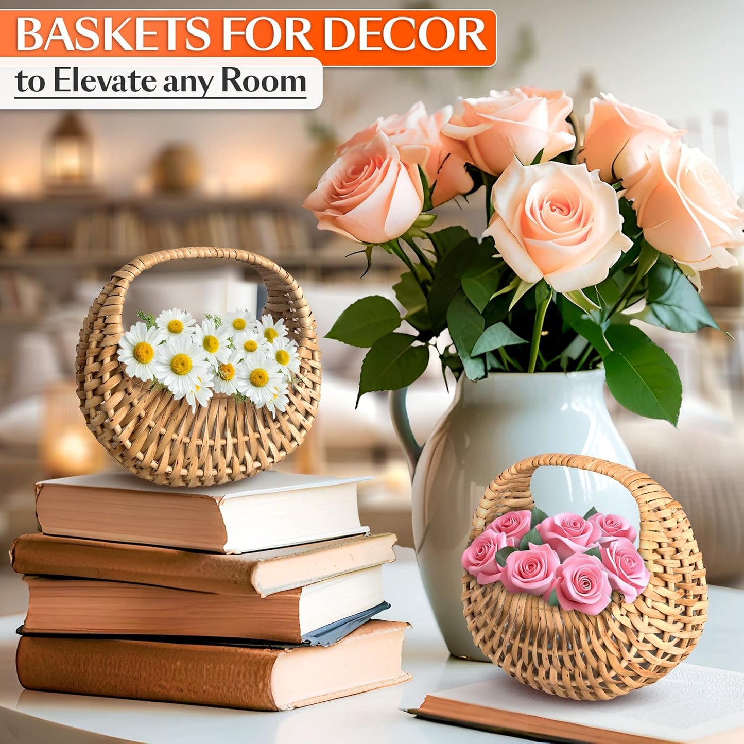 Small Flower Girl Basket Set of 2 – Small Wicker Basket with Handle & Waterproof Lining (6.3" х 5.12" х 3.75") Rustic Style for Wedding Flowers, Sweets & Gifts – Compact, Lightweight & Multifunctional