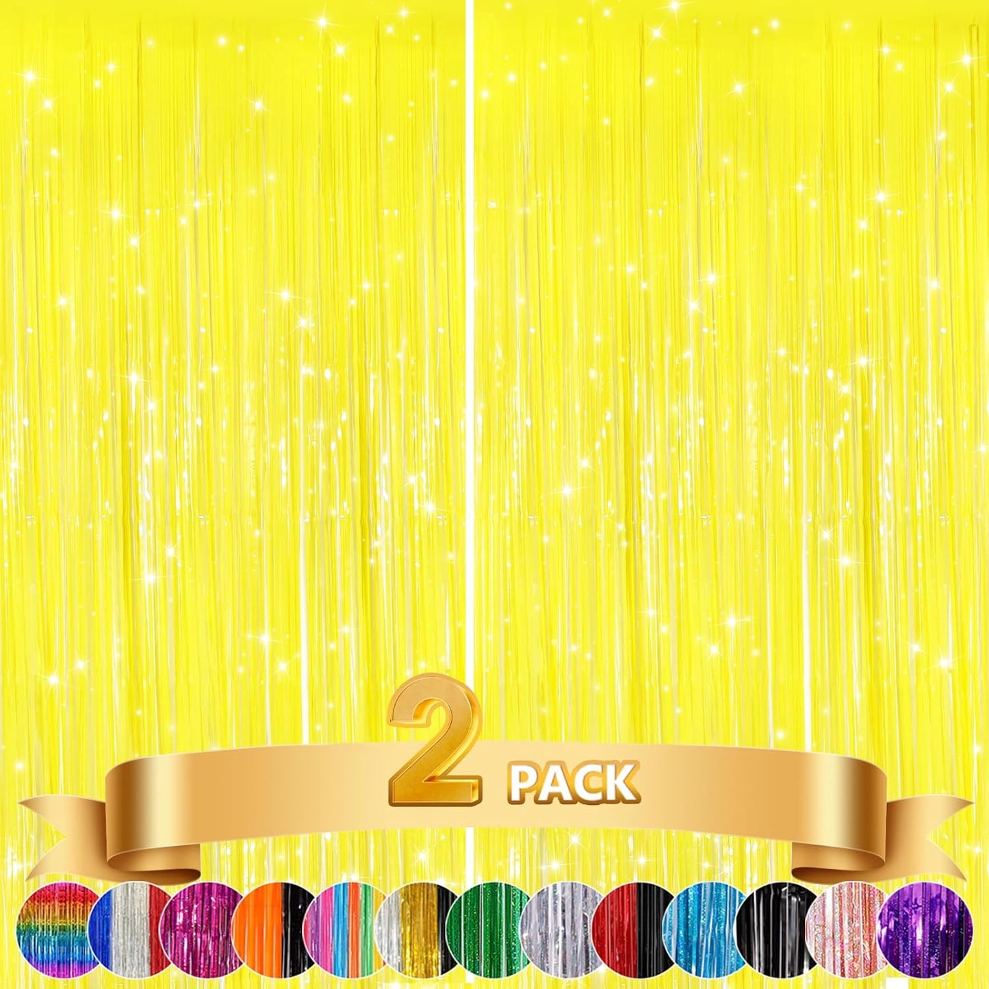 GCB 2Pack Macaron Yellow Metallic Tinsel Foil Fringe Curtains, Door Streamers Photo Booth Backdrop for Birthday Party, Tinsel Curtain Backdrop for Baby Shower Bachelorette Christmas Party Decorations
