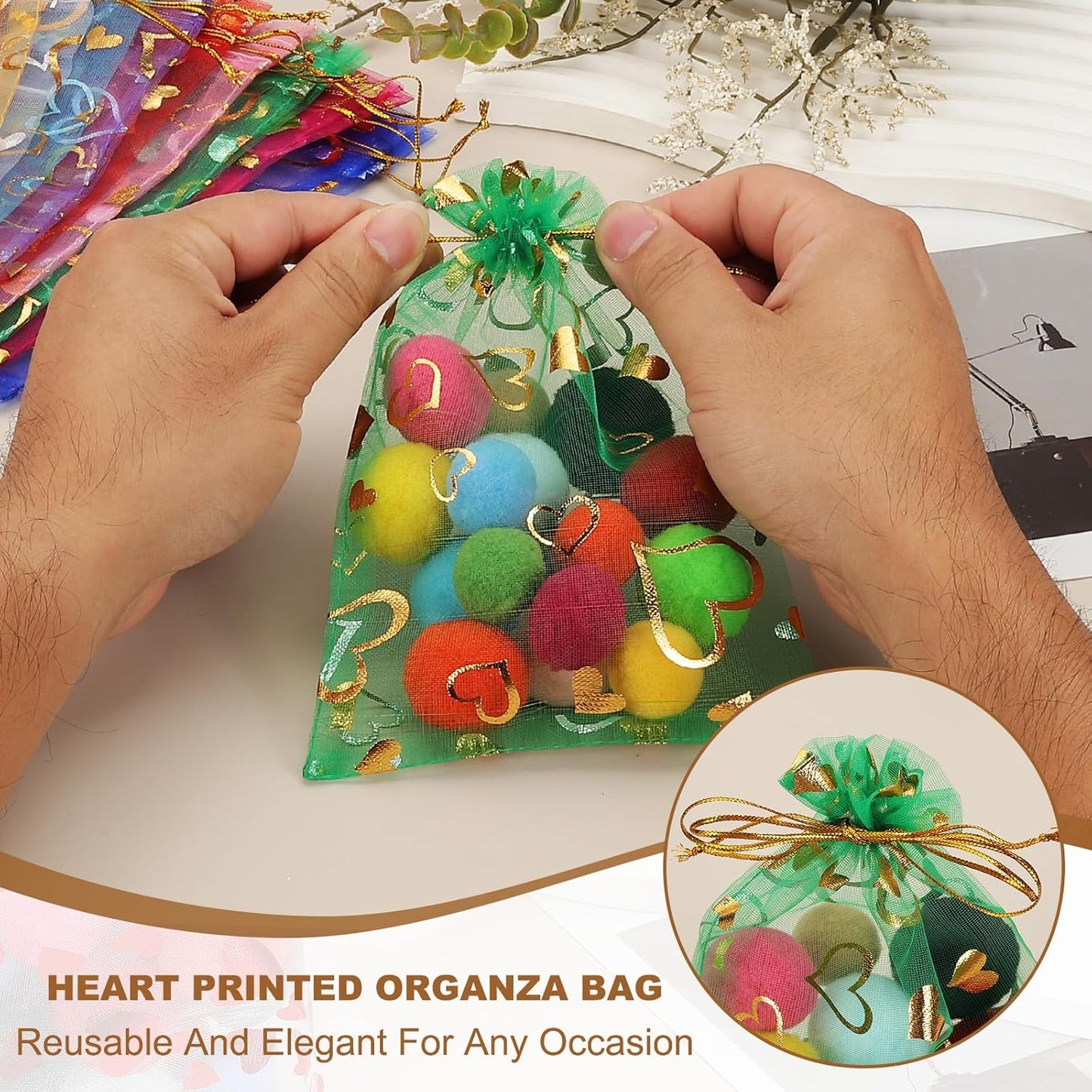 PATIKIL 100 Pcs 5x7 Inch Heart Printed Organza Bags, Navy Blue Sheer Heart Organza Bags with Drawstring for Christmas Candy Jewelry Party Wedding Favor Gift