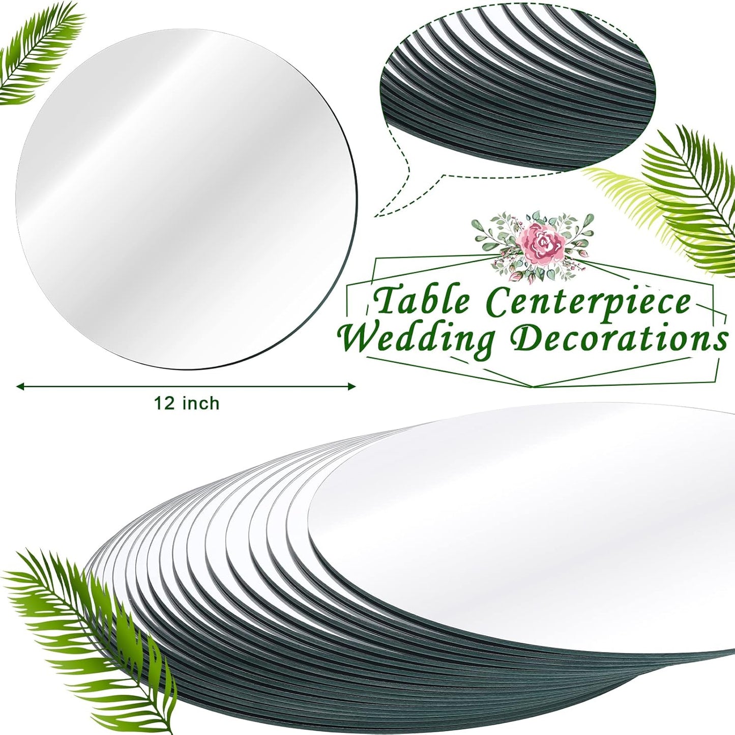 Tuanse 18 Pcs 12 Inch Round Mirrors Centerpieces for Tables, Table Mirrors, Mirror Plates Set, Circle Glass Trays for Wedding, Baby Shower, Party Decorations, Crafts, Christmas, 2mm