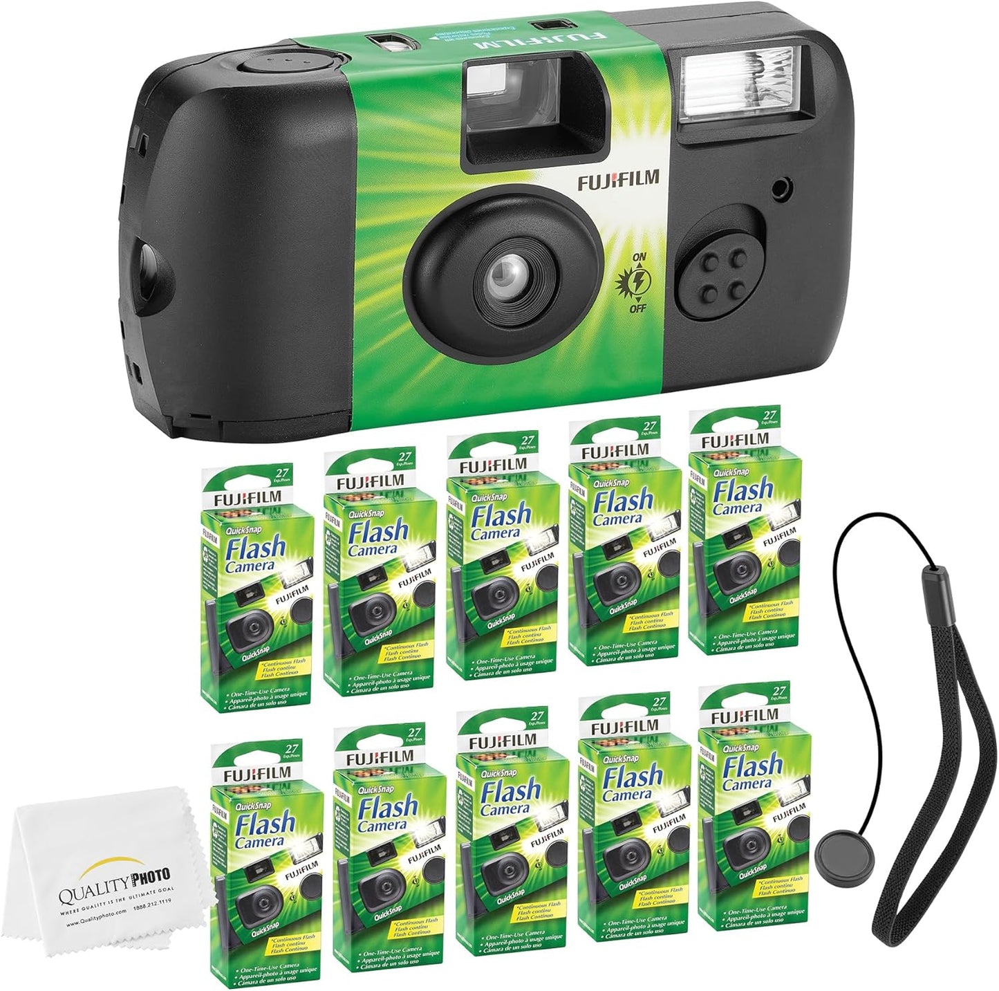 Fujifilm QuickSnap Flash 400 Disposable 35mm Camera + Hand Strap + Quality Photo Microfiber Cloth (10 Pack)