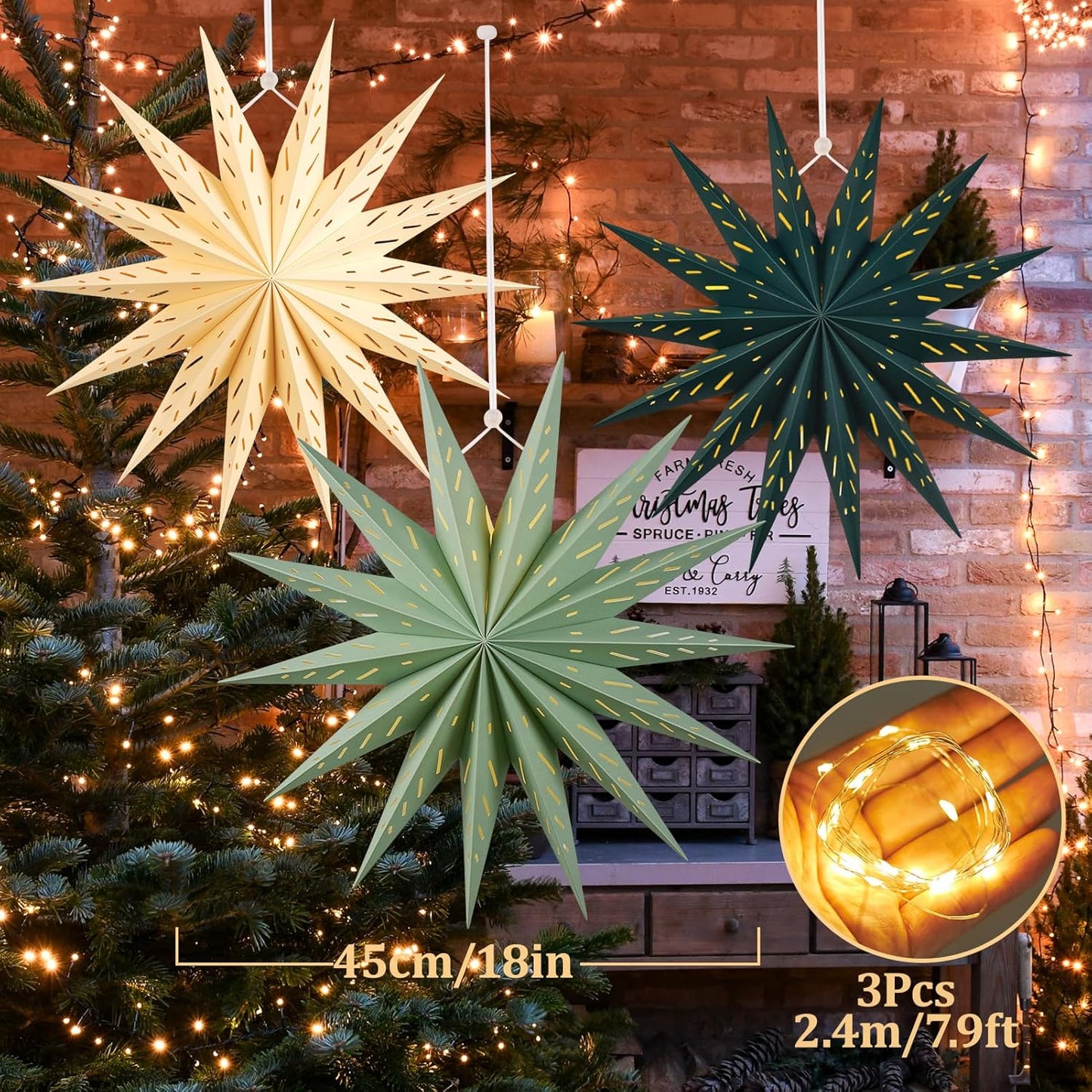 3Pcs 14-Pointed 18 Inch Paper Star Decorations Christmas Party Decorations Sage Green Yellow Hanging Star Decoration Hanging Lamp Shade for Christmas Home New Year Party