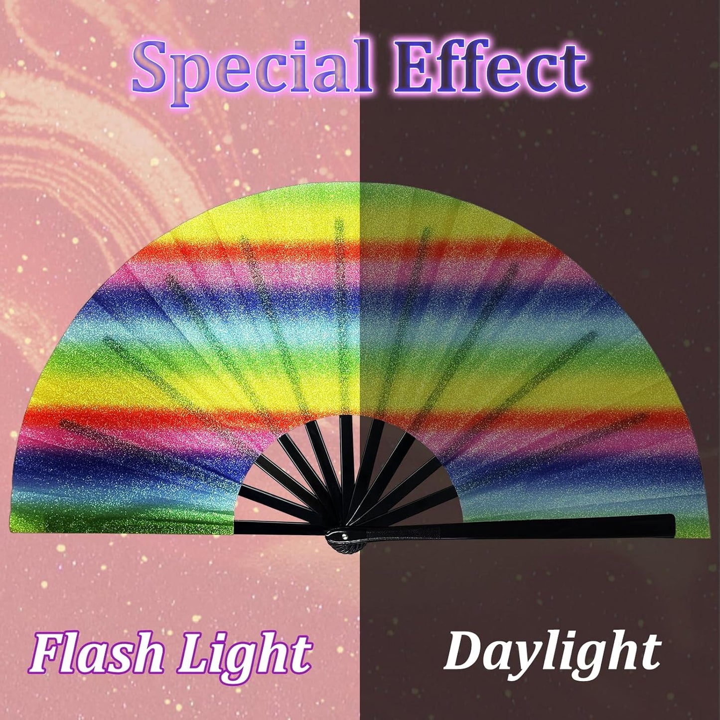 13'' Large Glitter Rave Fan Folding Hand Fans for Men Women Line Dancing Portable Handheld Clack Fan for Festival EDM Party Music Outfit Accessories