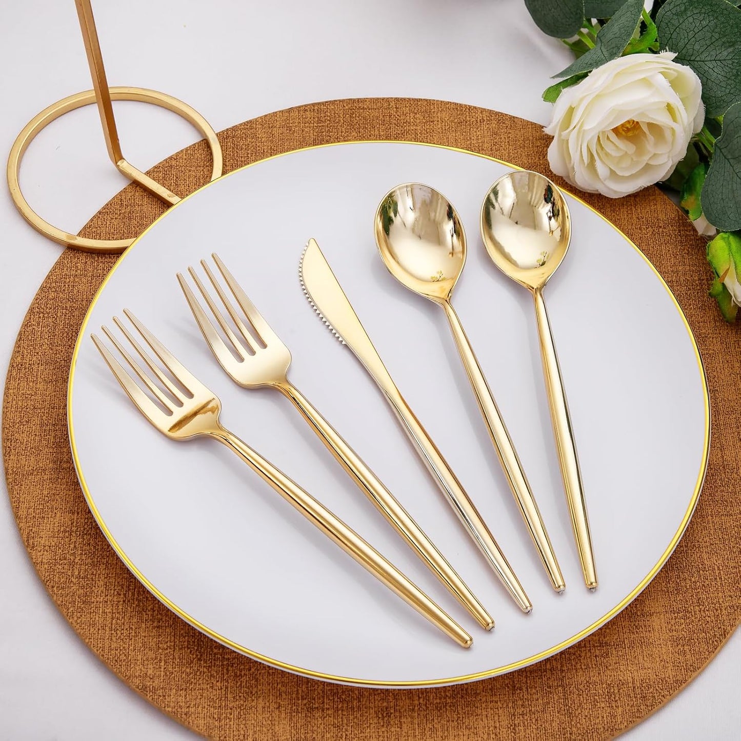 Rubtlamp 90Pcs Gold Plastic Silverware, Gold Disposable Utensils, Plastic Cutlery Include 30 Plastic Knives, 60 Forks and Spoons, Fancy Plastic Silverware Heavy Duty for Party, Wedding