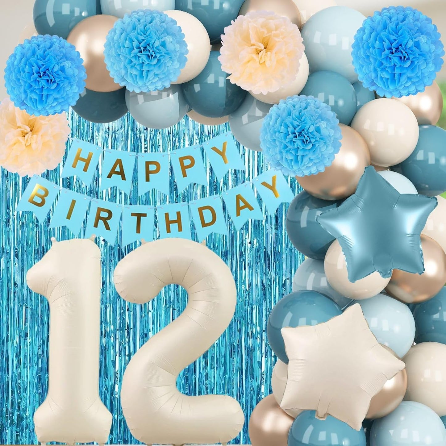 Dusty Blue 12th Birthday Party Decorations Boys Girls Beige Cream Number 12 Balloon with Blue Gold Happy Birthday Banner Fringe Curtain Paper Pom Poms Nude White Sand Champagne Star Foil Balloons