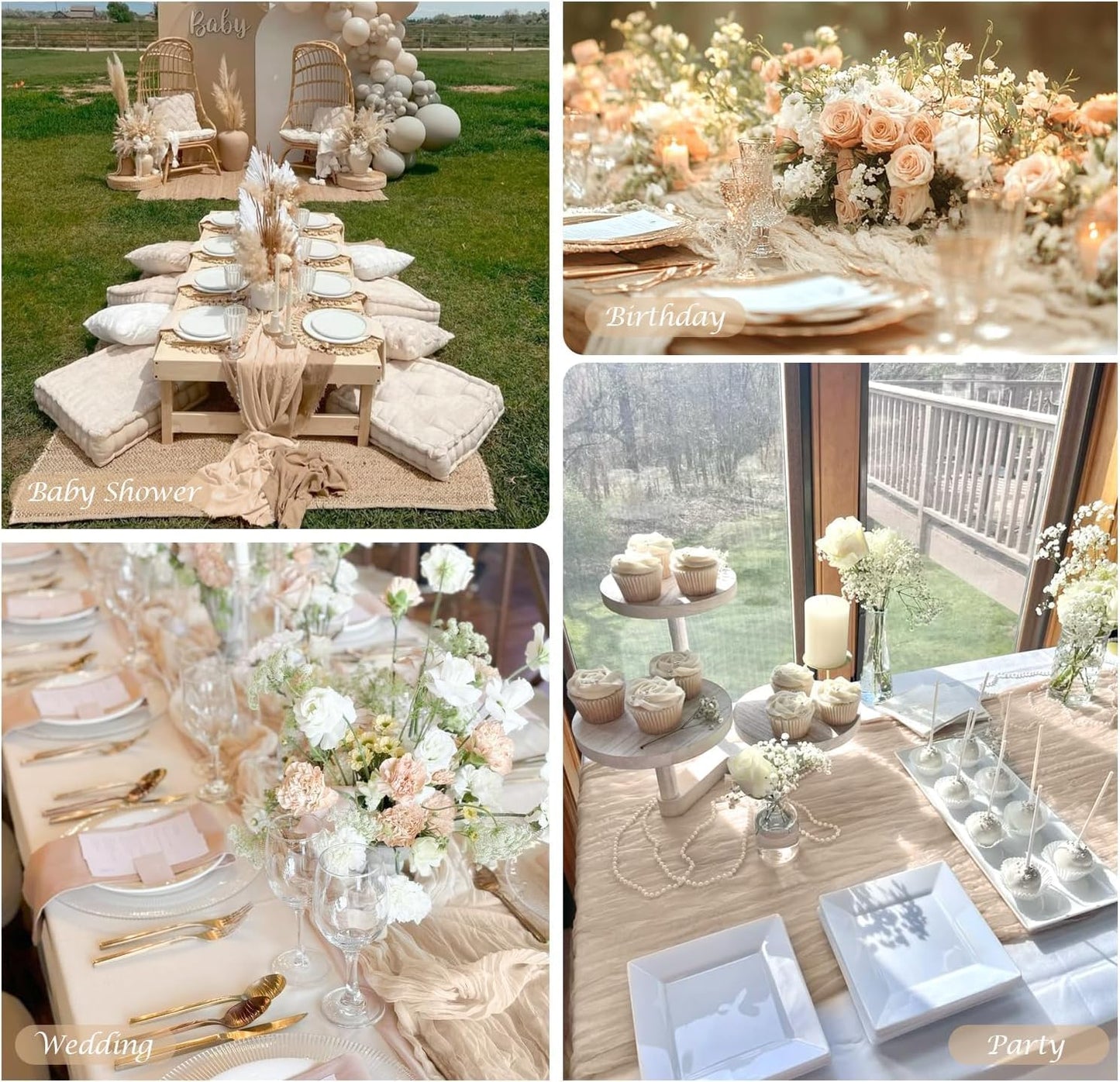 12 Pack Champagne Cheesecloth Table Runner 35x120 Inches, Fall Thanksgiving Cheese Cloth Table Runner 10FT Boho Sheer Gauze Runner for Bridal Shower Wedding Baby Shower Party Decor