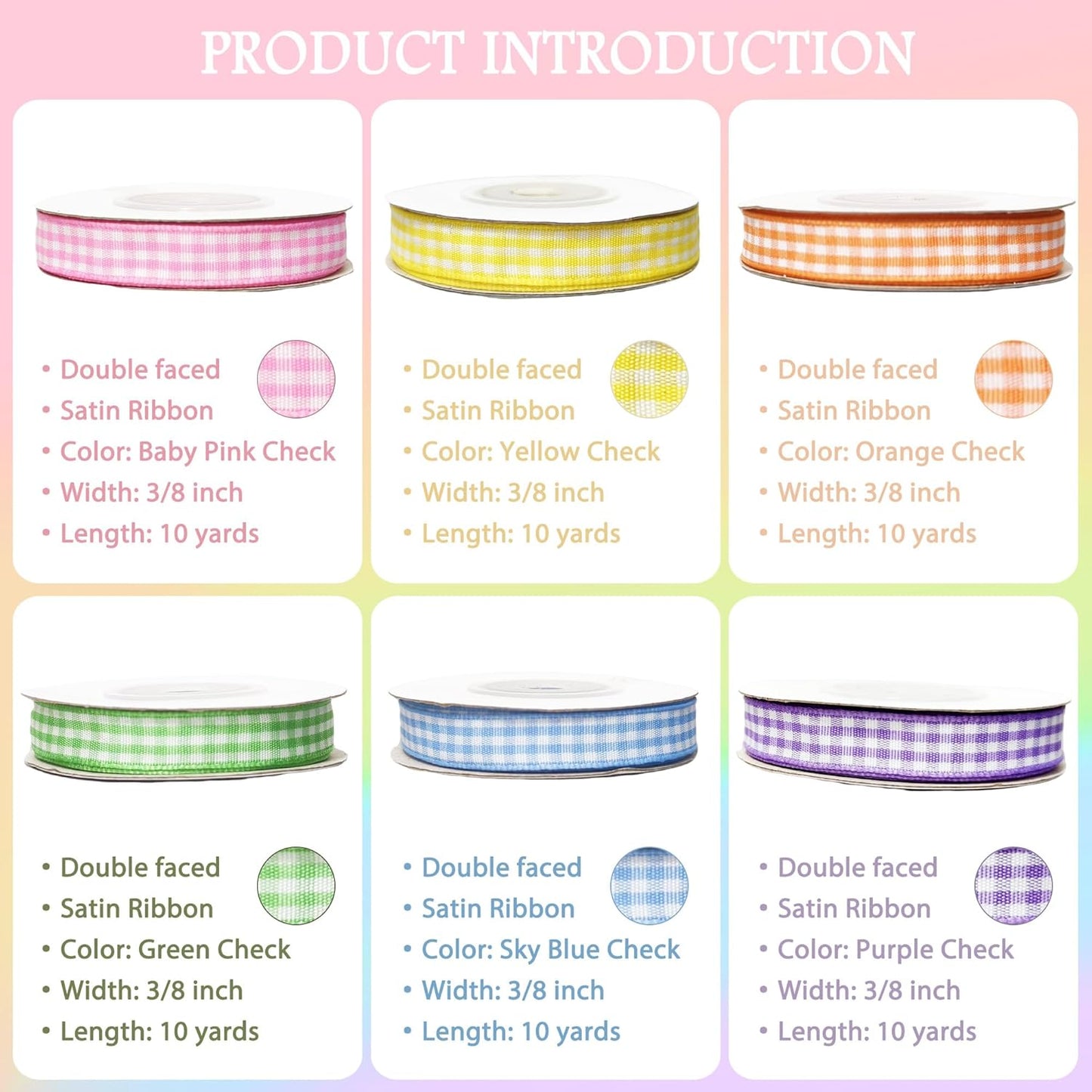 3/8" 6 Colors X 10 Yards Light Rainbow Check Satin Ribbon,60 Yards Assorted Colors Satin Ribbons for Flower Bouquet,Ribbons for Gift Wrapping Happy Birthday Party Decorations