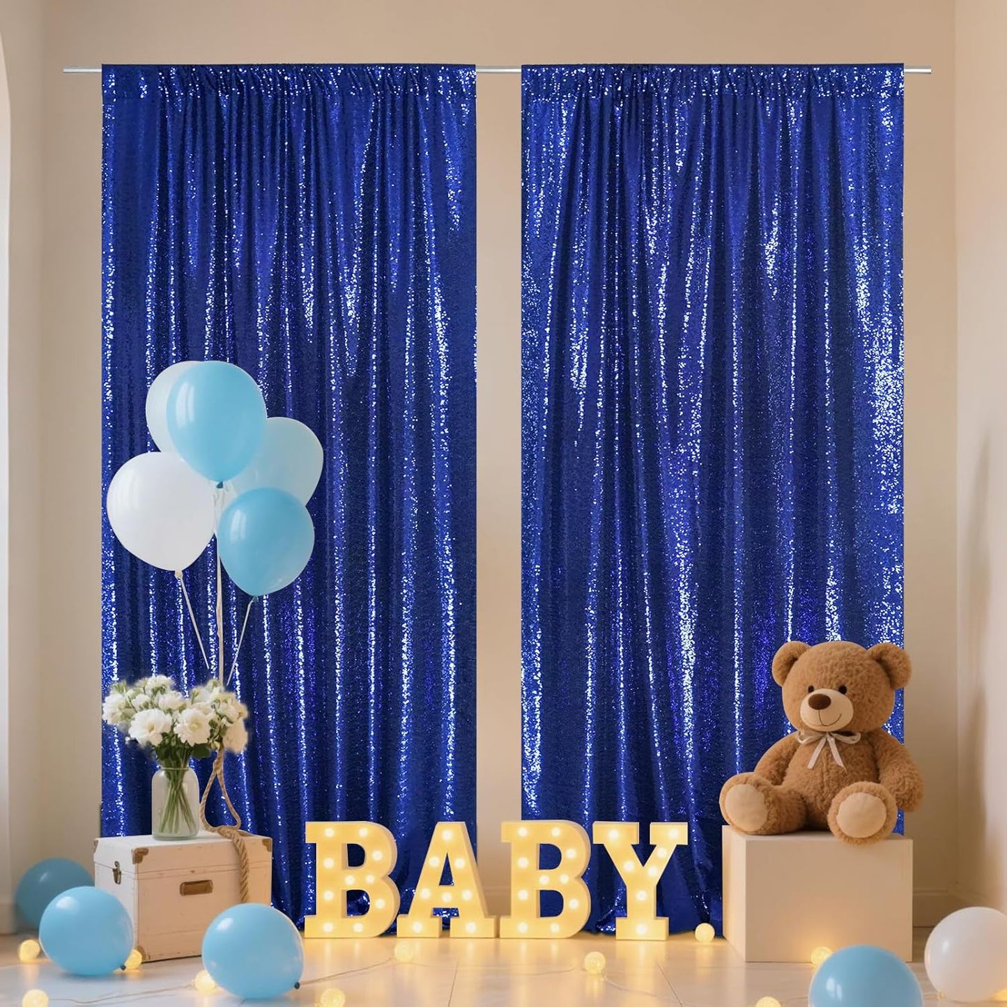 SquarePie Sequin Backdrop Curtain 8FT x 10FT Navy Blue Satin Backing Fabric Photography Background for Wedding Patry 4FT x 10FT 2 Panels