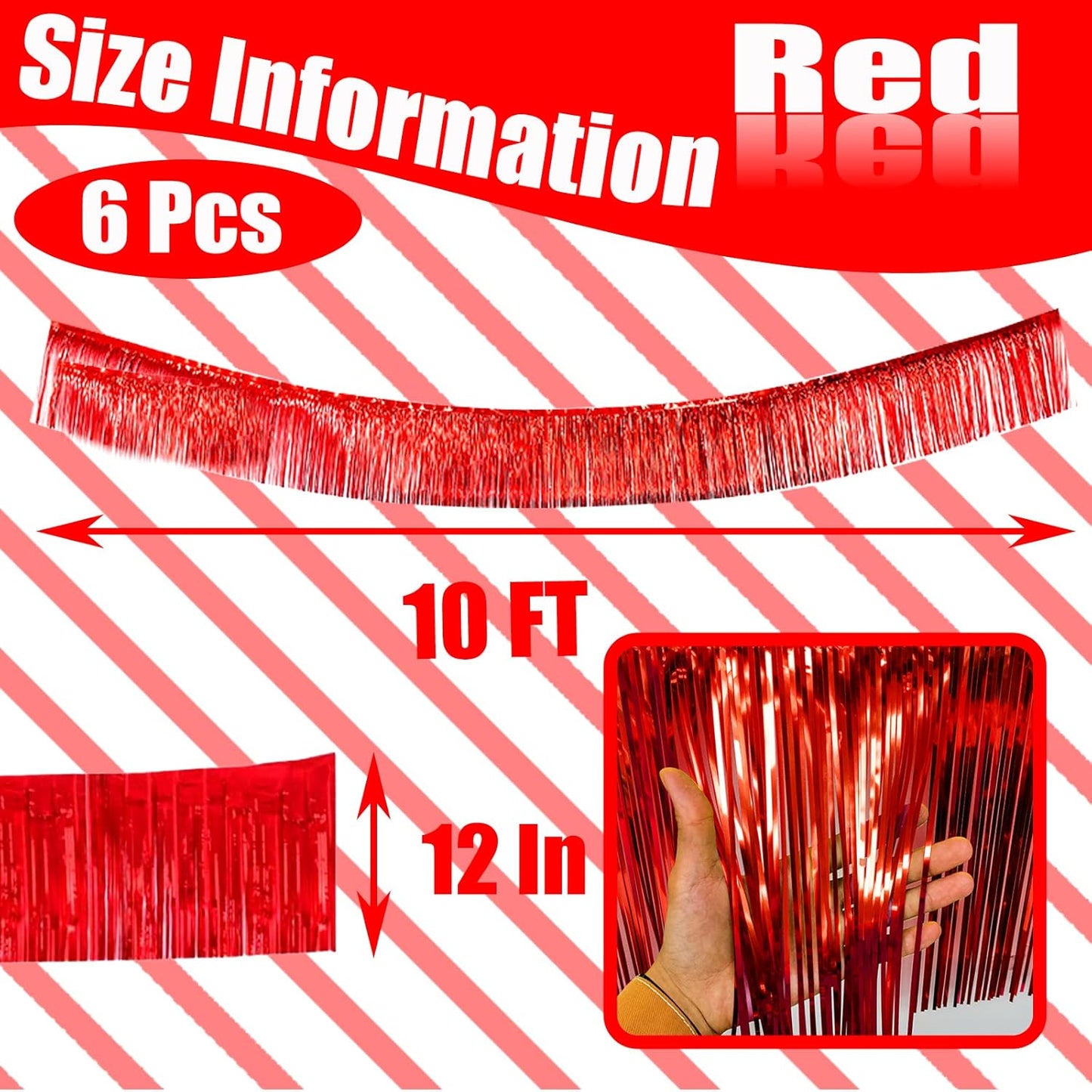 6 Pack 10 Feet Red Foil Fringe Garland Metallic Tinsel Streamers Banner Wall Hanging Curtain Backdrop Banner for Parade Floats, Thanksgiving, Christmas, Birthday, Halloween Party Decorations
