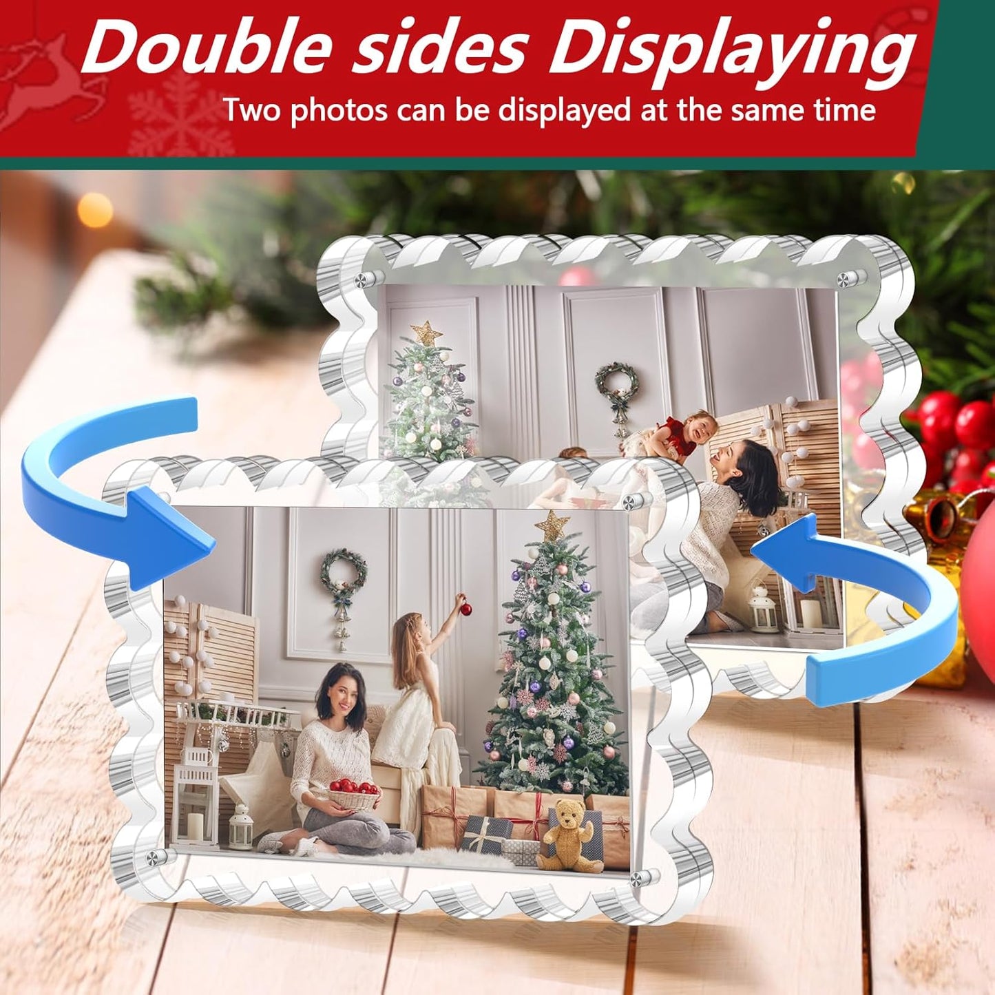 3 Pack Magnetic Acrylic Picture Frames 5x7 Inch - Freestanding Scalloped Magnet Photo Frame with 10+10MM Thick Block, Double Sided Clear Frameless Frame for Desktop Display