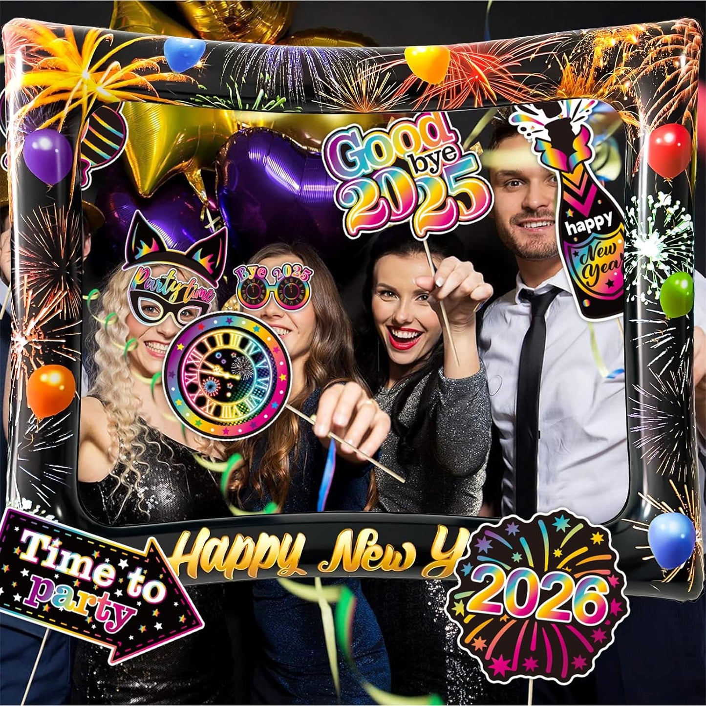 2026 New Year Photo Booth Inflatable Frame Kit, 30Pcs Fluorescent Color New Years Photo Booth Props with Inflatable Picture Frame for New Year Eve Party Selfie Props Supplies