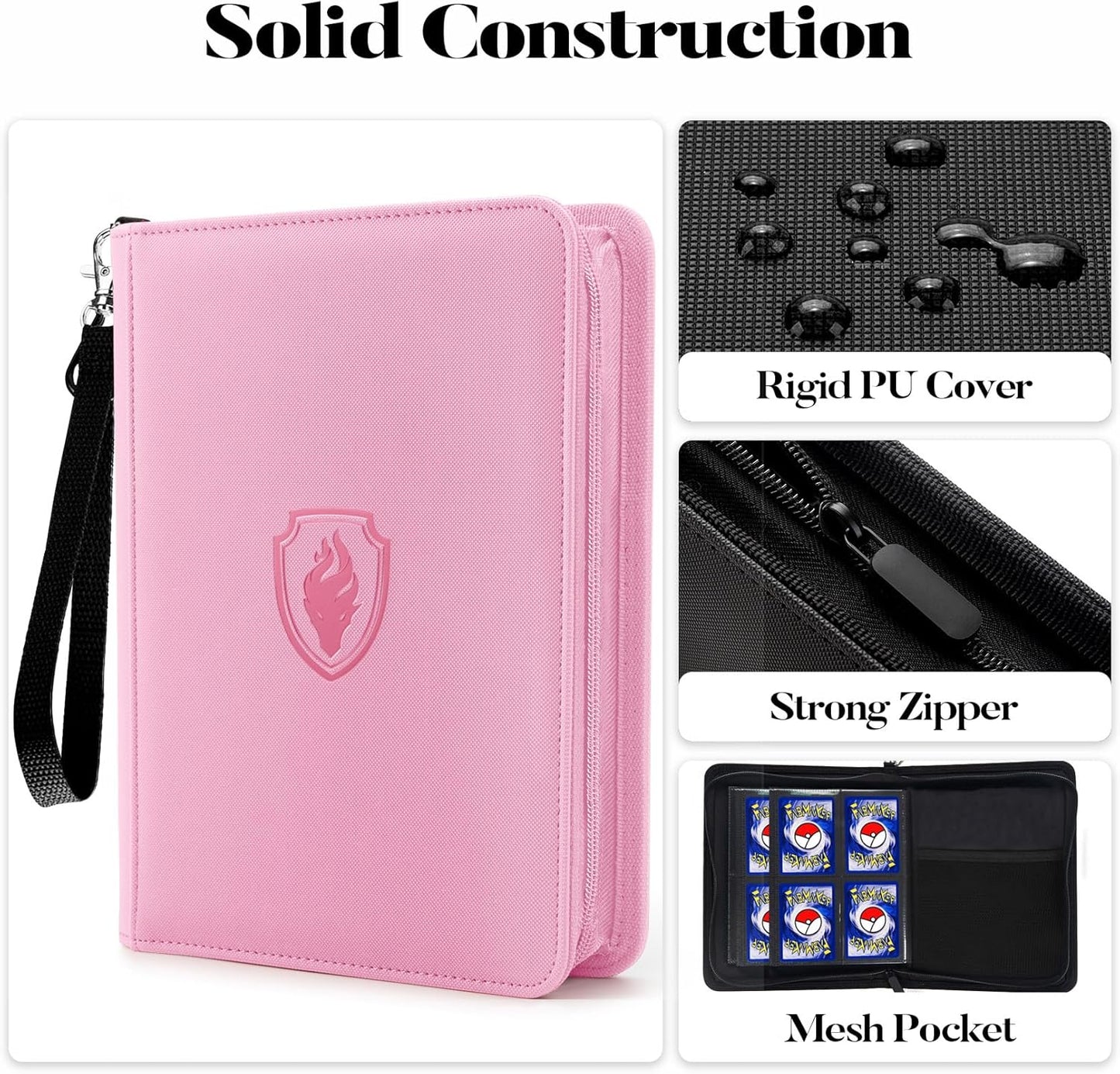 Premium 4 Pocket Zip Card Binder, Trading Card Binder for 320 Cards, Portable PU Card Collection Binder, Collector Card Album Folder for MTG, TCG, Sports Cards, Game Cards (Pink)