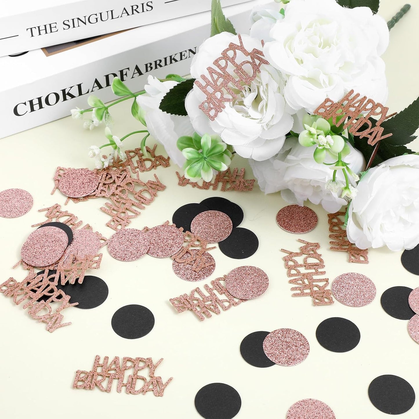 100Pcs Rose Gold and Black Happy Birthday Glitter Confetti, Polka Dot pink confetti, Sprinkling Table Scatter Paper Confettis Birthday Party Table Decorations