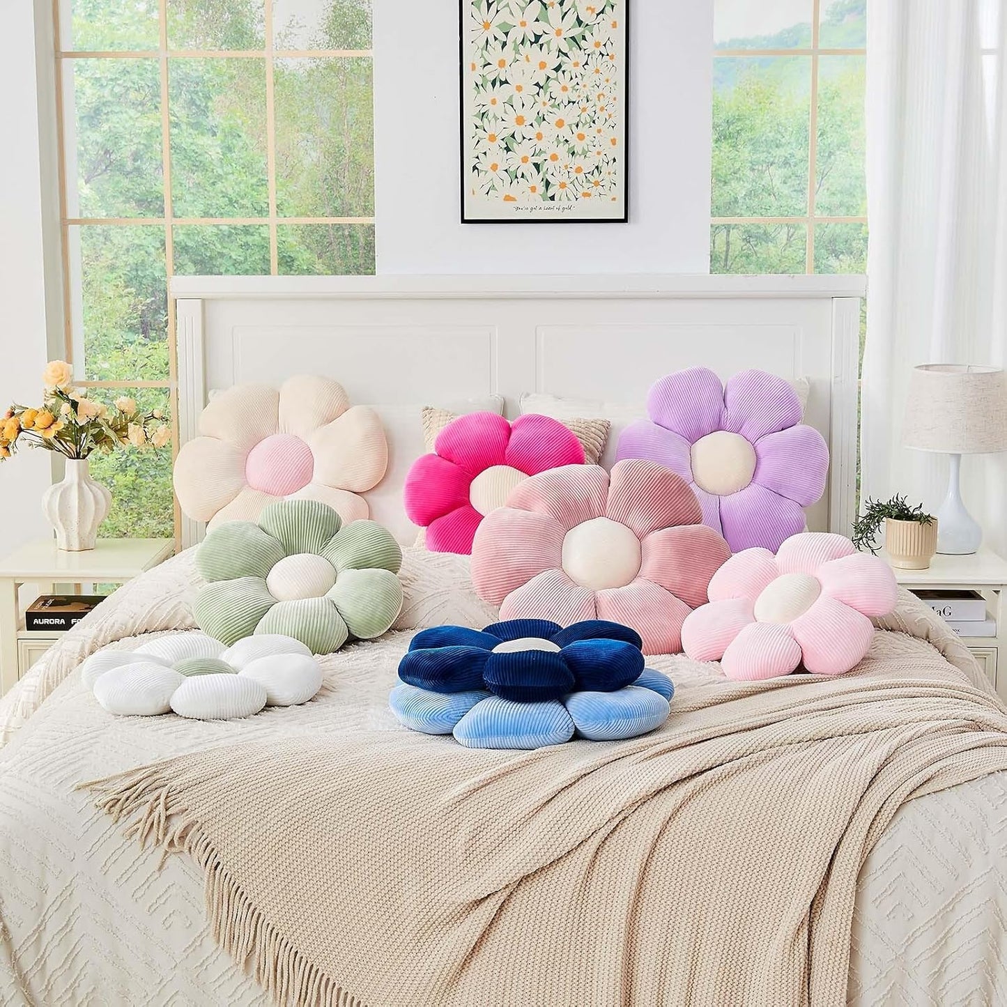 Pink Flower Pillow, 14.9" Cute Flower Shaped Floor Pillow, Aesthetic Floral Plush Daisy Decorative Throw Pillows for Bed Sofa Couch