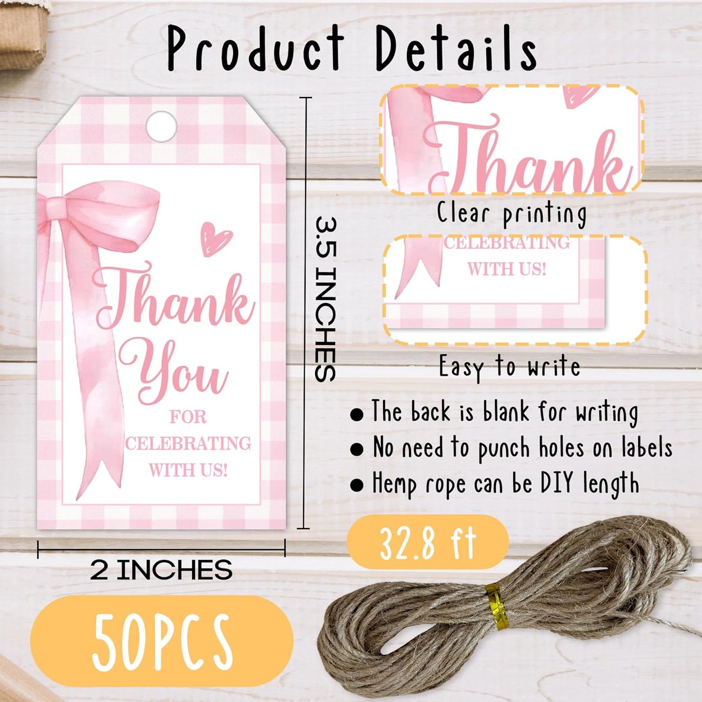 Pink Bow Gift Tags, 50Pcs Thank You Label with String, Thank You for Celebrating with Us Tag, Paper Personalized Design Gift Labels for Wrapping Party Favor-A13