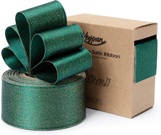 Christmas Ribbon Wired Green Satin Ribbons 1-1/2 Inch Double-Faced Gold Glitter for Tree Decoration, Wreath, Gift Wrapping, Home Decor 10 Yards