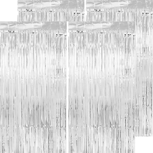 Christmas Decorations Silver Streamers Thicken 4 Pack 3.2 x 8.2 FT, Silver Tinsel Foil Fringe Backdrop Curtains, Photo Booth Props for Birthday, Bachelorette, Prom, Engagement, Disco Party Decorations