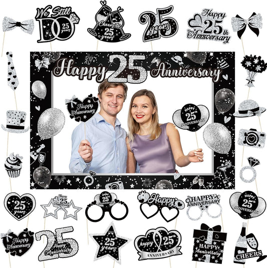 25th Wedding Anniversary Decorations Black Sliver 25th Wedding Anniversary Party Photo Booth Props and Selfie Frame Silver Happy 25 Years Anniversaries Party Supplies for Women Men Cheers to 25 Years