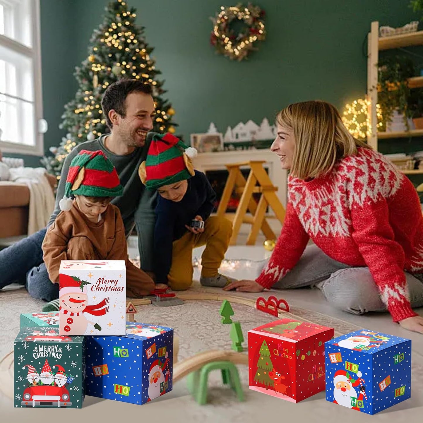 COTOPHER 20 Pcs Christmas Gift Boxes, 5" x 5" x 5" Xmas Candy Boxes for Gift Giving, Paper Treat Ornament Gift Box Decorative Christmas Goodie Box for School Home Holiday Party Favors Supplies