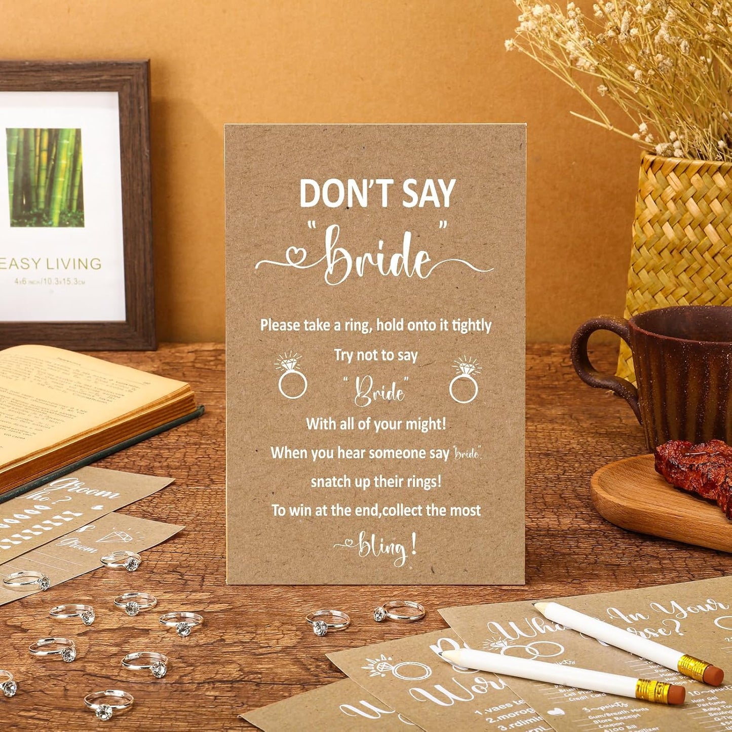 Estune 331 Pcs Bridal Shower Games Supplies, 5 Sets 250 Pcs Wedding Cards 1 Put a Ring on It Bridal Shower Games with 60 Rings and 20 Pencils(Rustic Kraft)