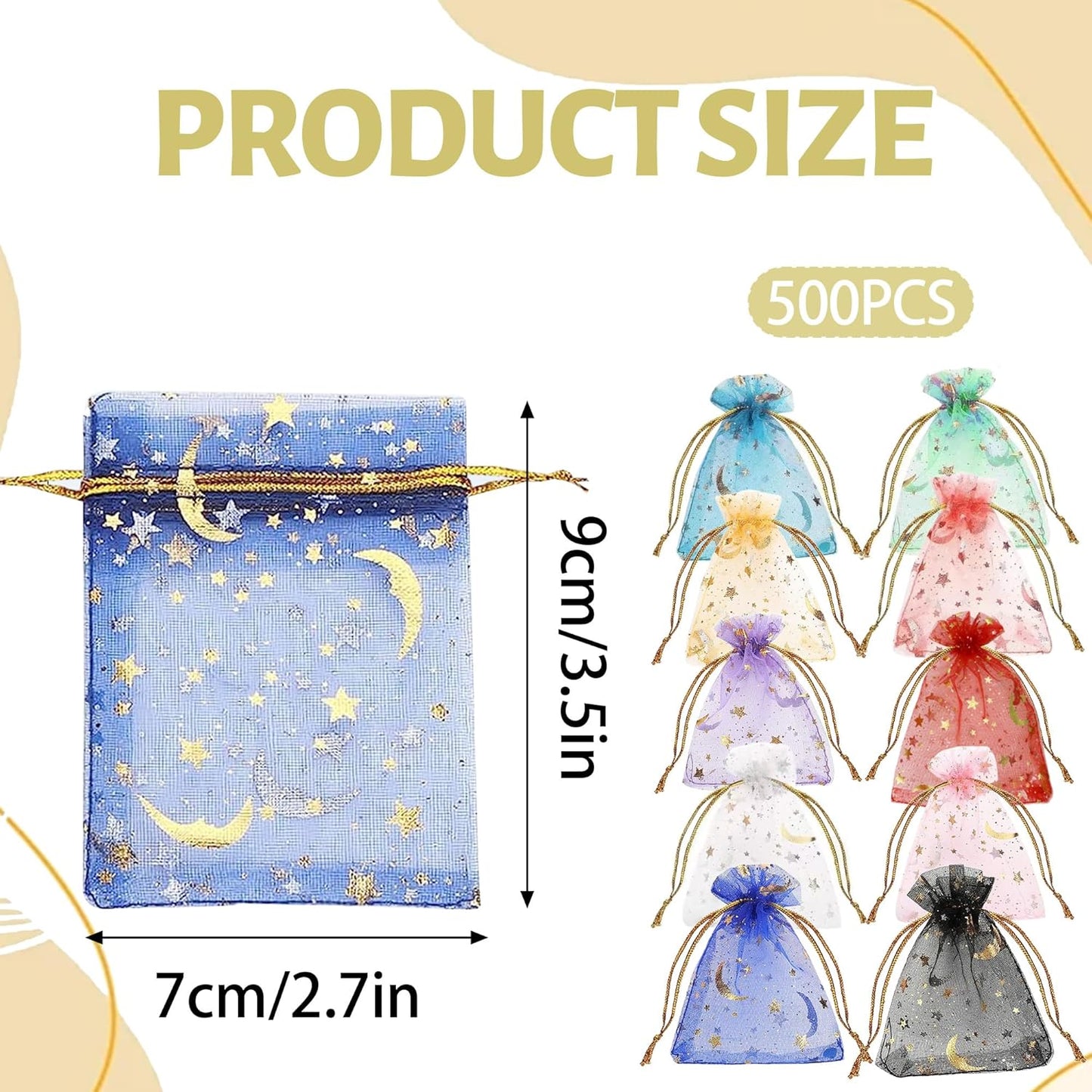 500 Pcs Moon Star Organza Jewelry Candy Bags Wedding Favor 2.8x3.5 Inch with Drawstring Multi Colored Candy Mesh Jewelry Bags for Wedding Party Christmas, Baby Shower, Eid Mubarak (Multicolor)