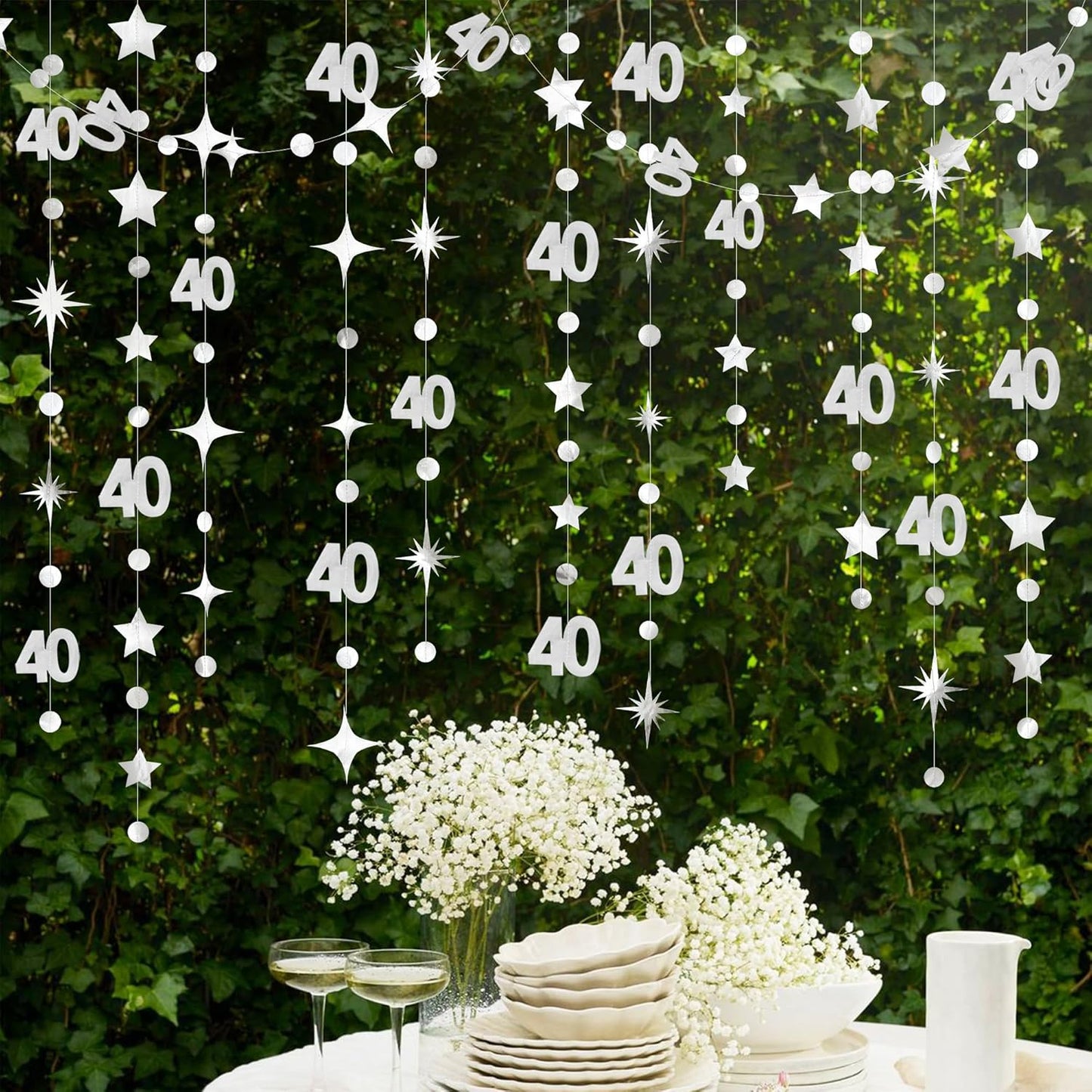 Silver 40th Birthday Decorations Number 40 Circle Dot Twinkle Star Garland Metallic Streamer Banner Backdrop for Women Mens Cheers to 40 Years 40 and Fabulous Happy 40th Anniversary Party Supplies