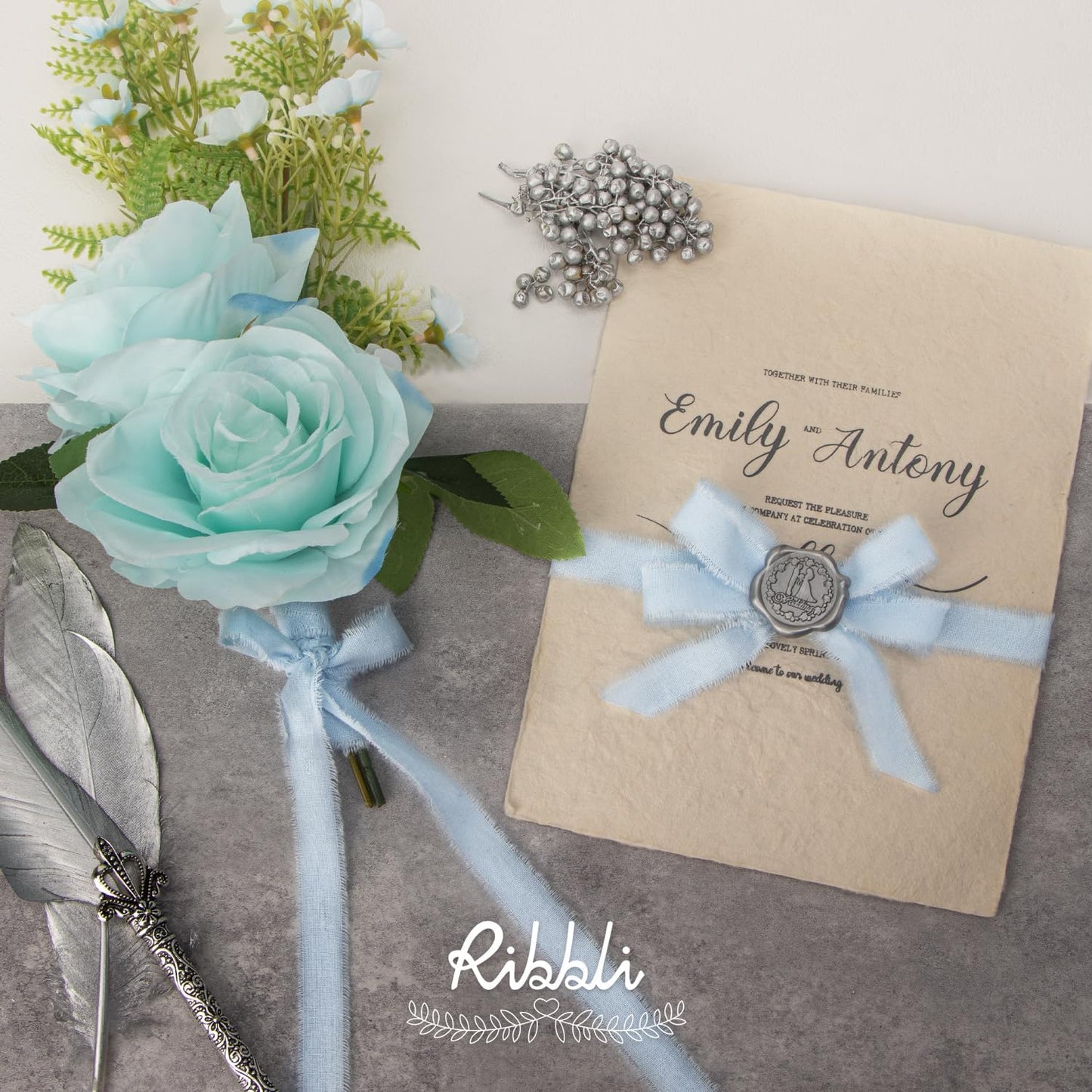 Ribbli 3 Rolls Light Blue Ribbon 5/8 Inch x 18Yards Handmade Cotton Frayed Fringe Ribbons for Gift Wrapping Wedding Invites Bridal Bouquets Baby Shower DIY Crafts Home Decor