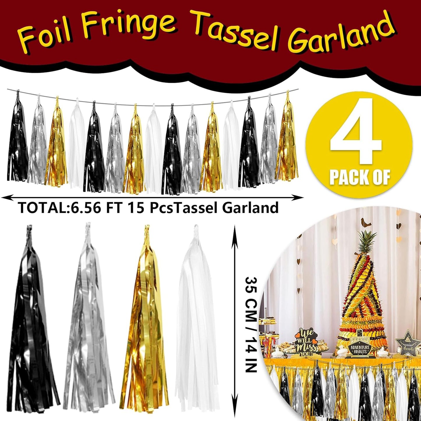 4P Black Gold Silver Foil Fringe Tassel Banner Garland Metallic Tinsel Streamers Wall Hanging Curtain Backdrop Banner for Parade Floats, 2024 Graduation Decorations, New Years Decorations, Father' Day
