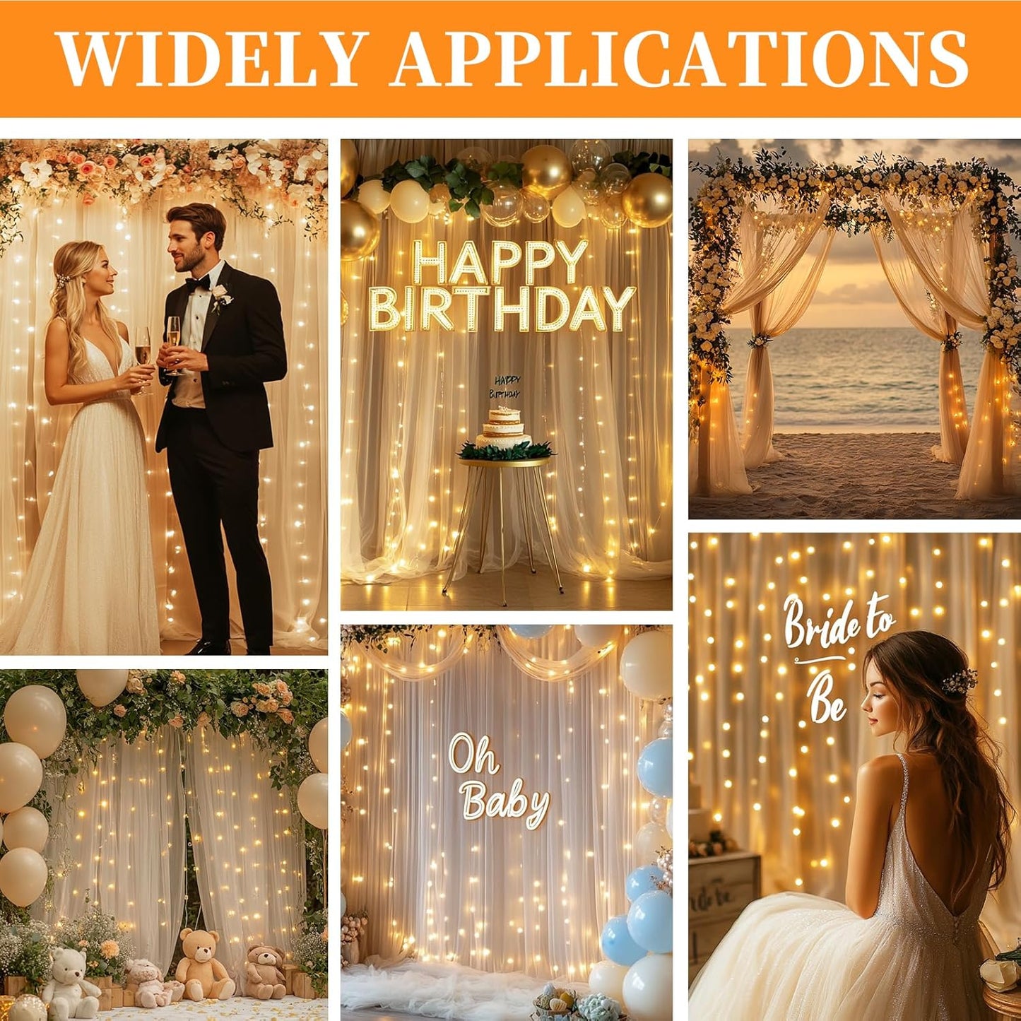 10x10ft Champagne Tulle Backdrop Curtain with String Lights, Wrinkle-Free Sheer Wedding Backdrop for Birthday Parties, Baby Shower, Bridal Shower, Photo Shoots and Home Decorations, Champagne