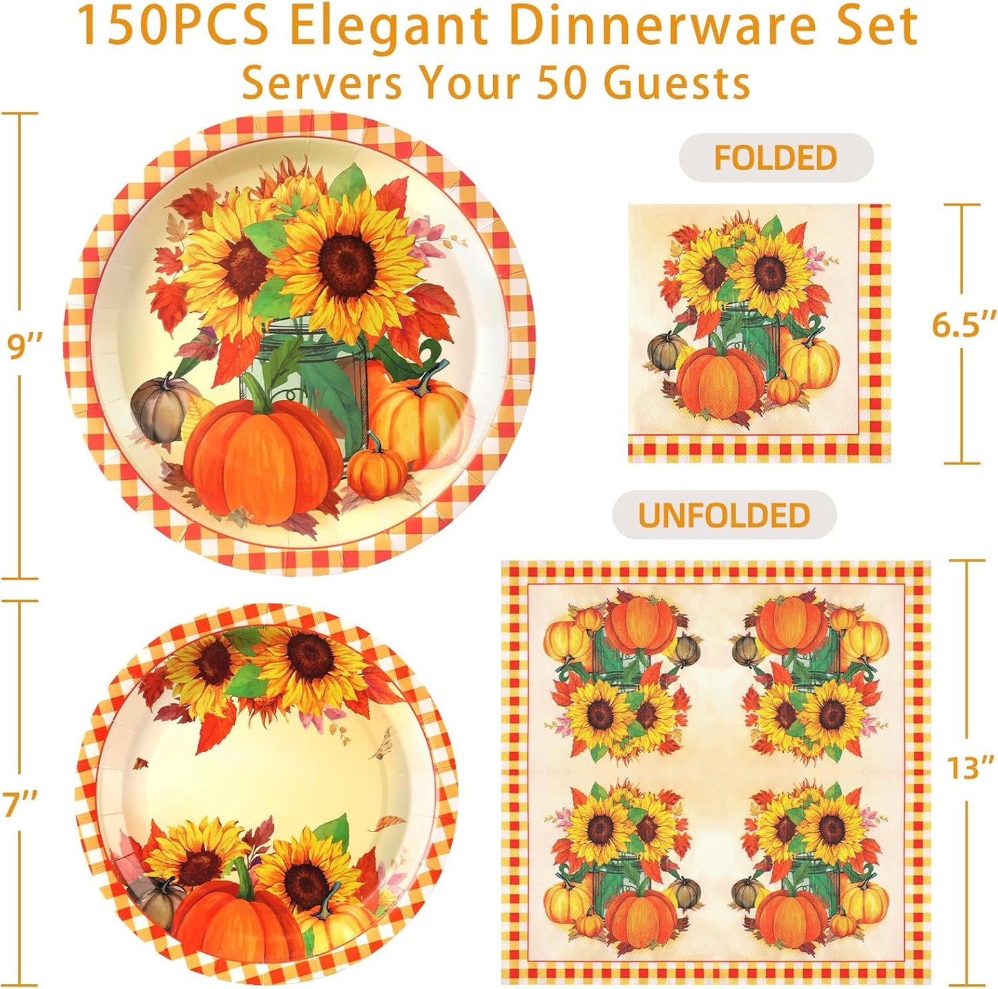 Sunflower Plates and Napkins Set for 50 Guests – Disposable Fall Party Supplies, Pumpkin Design for Sunflower Thanksgiving Party Decoration