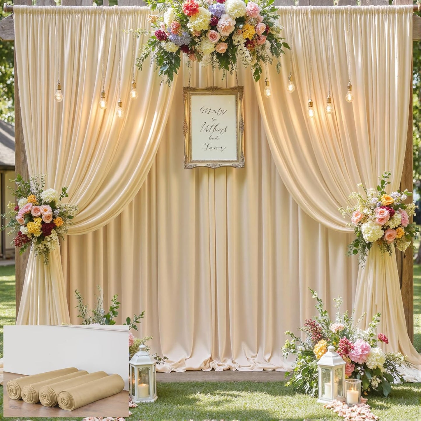 20×12 ft Wrinkle Free Beige Backdrop Curtain for Weddings Parties, 4 Panels 12ft Silky Polyester Wedding Drapes Backdrop Photo Back Drop Cloth for Birthday Baby Shower Photography Backgrounds