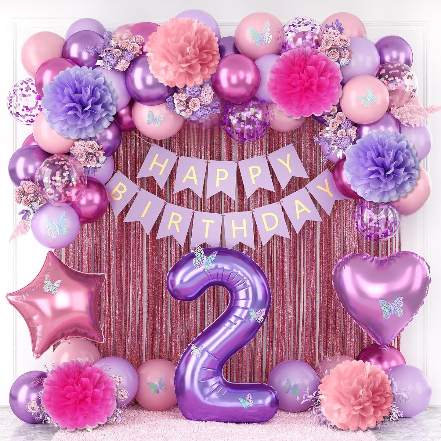 Pink Purple 2nd Birthday Party Decorations for Girls Number 2 Balloon Happy Birthday Banner Butterfly Stickers Fringe Curtain Paper Pom Poms Metallic Hot Pink Star Foil Balloons Baby 2 Year Old Decor