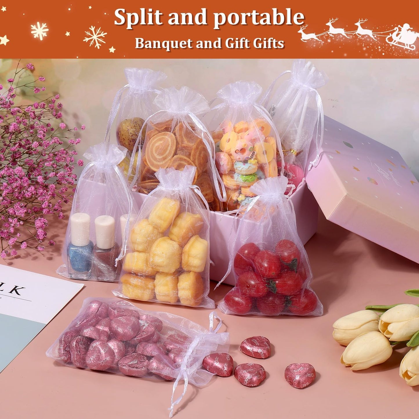 Hopttreely White Sheer Organza Bags, 4x6 inch 50PCS Mesh Bags Drawstring Gift Bags Jewelry Pouches for Candy Wedding Favors, Jewelry, Festival, Makeup