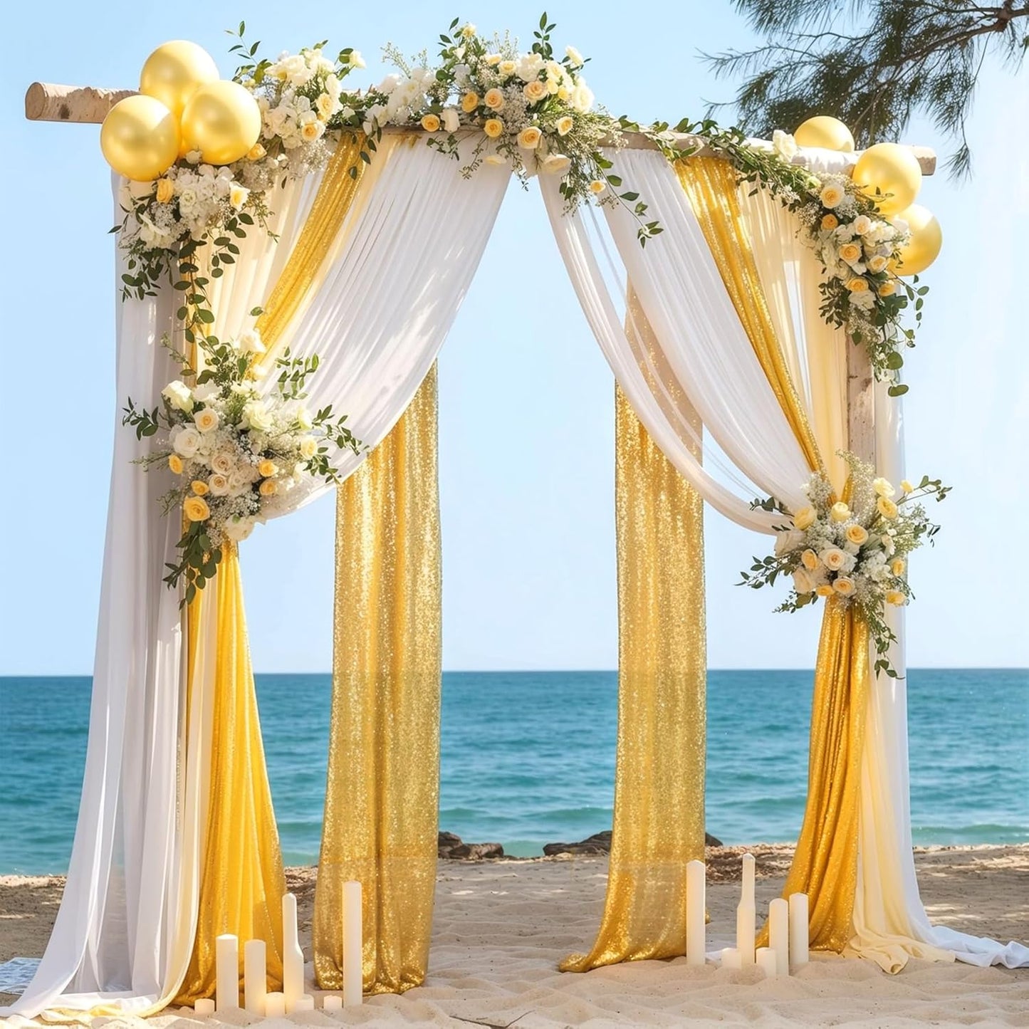 Wedding Arch Draping Fabric, 1 Panel 28" x19ft White Arch Drapes & 1 Panel 16" x19ft Gold Sequin Fabric Drapes Arbor Backdrop Curtain for Wedding Arch Ceremony Bridal Shower Reception