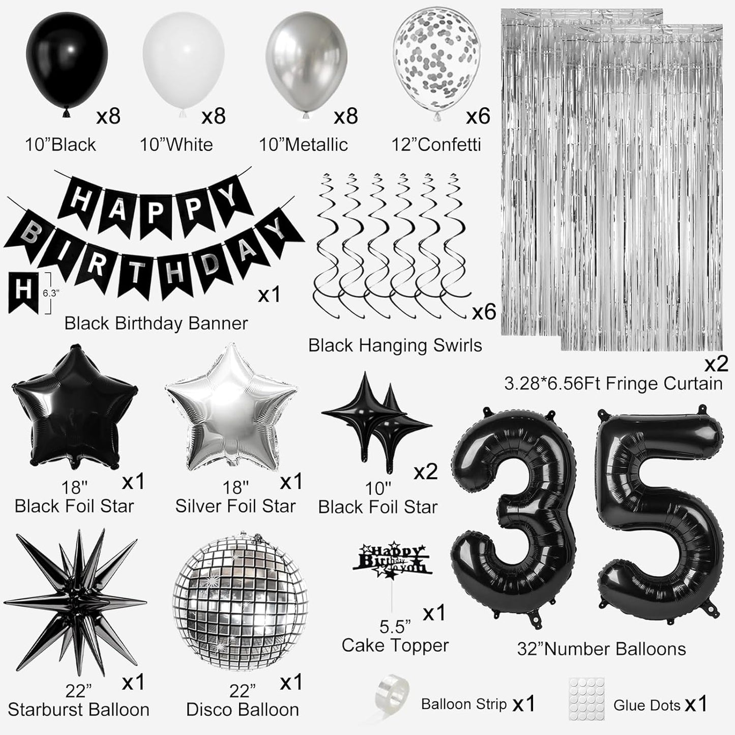 35th Birthday Decorations for Men Women, Black Silver Happy Birthday Party Decorations， 35 Year Old Party Supplies with Number 35 Balloons, Banner, Fringe Curtains Kit